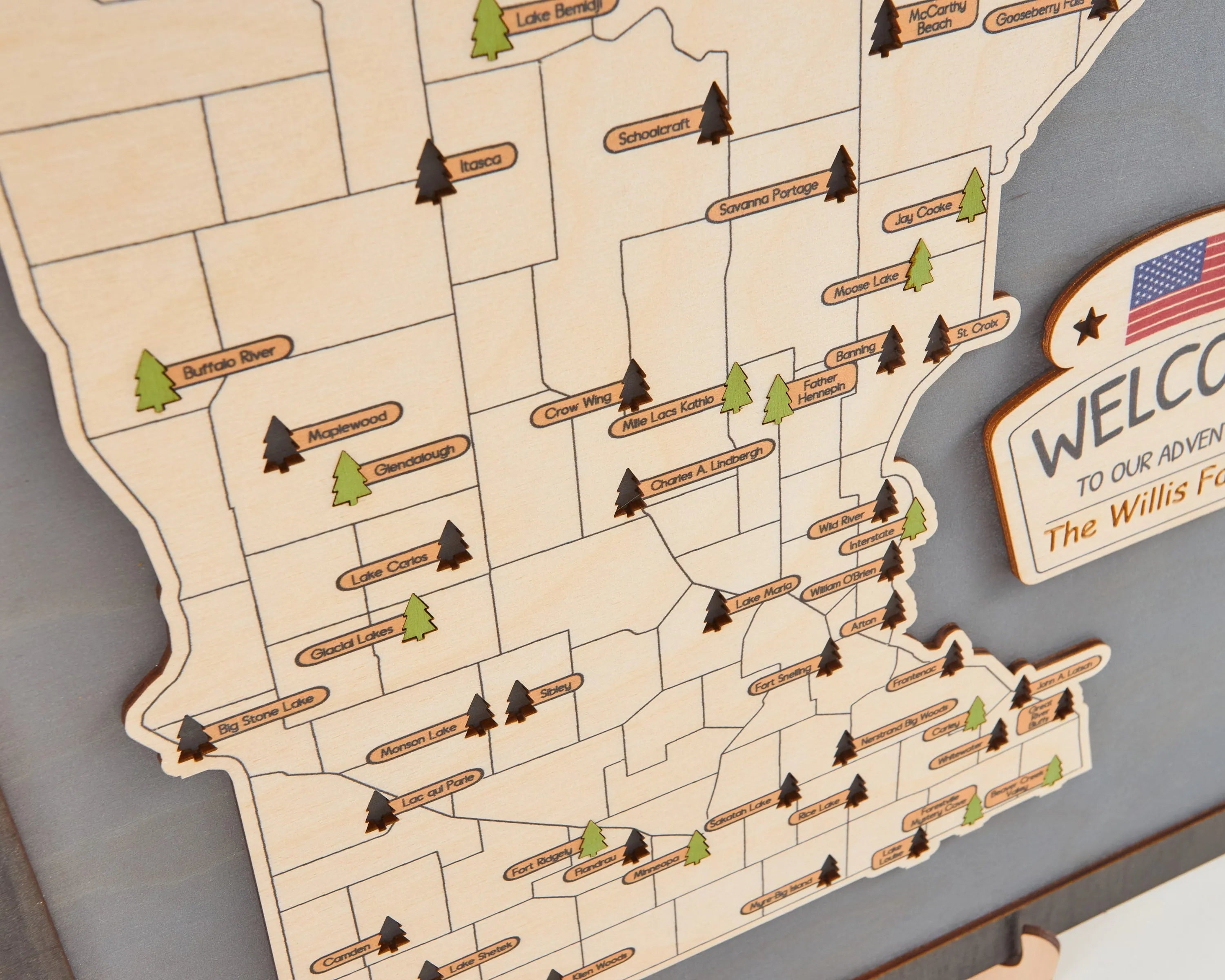 US Wooden Minnesota State Parks Map With Trees To Record Park Visits (Light Grey)