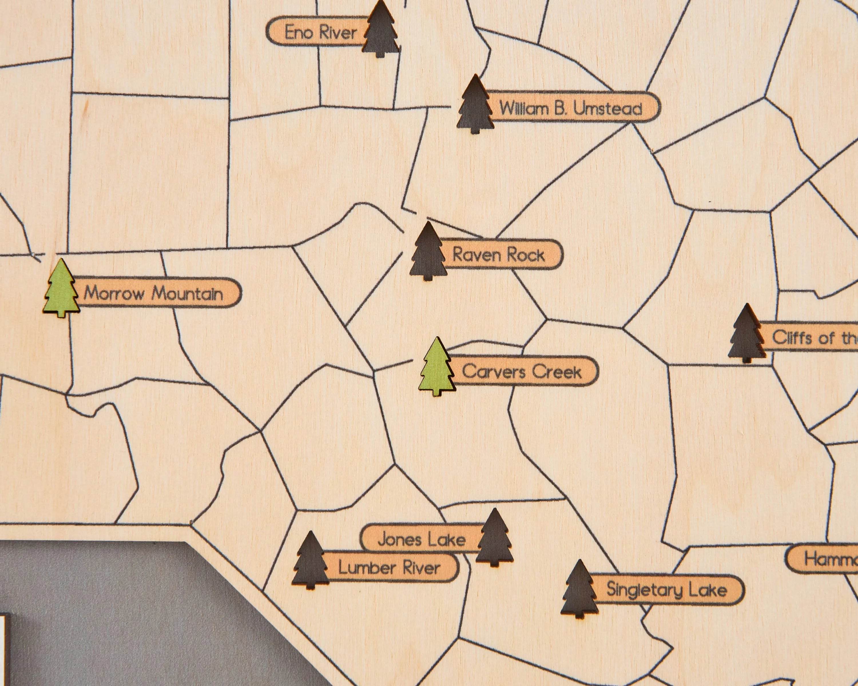 US Wooden North Carolina State Parks Map With Trees To Record Park Visits (Light Grey)