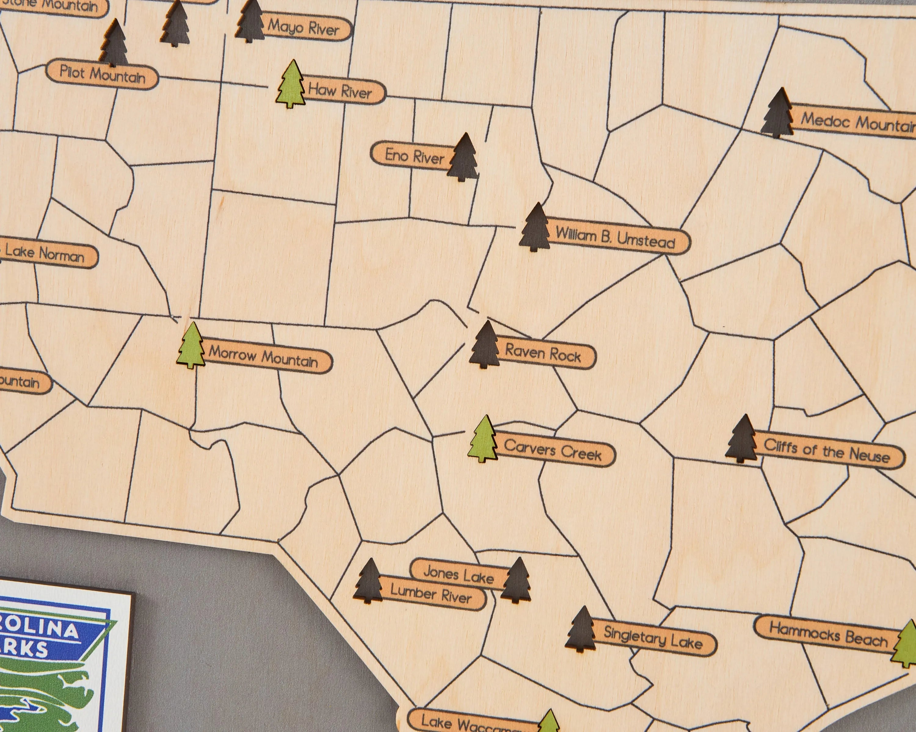 US Wooden North Carolina State Parks Map With Trees To Record Park Visits (Light Grey)