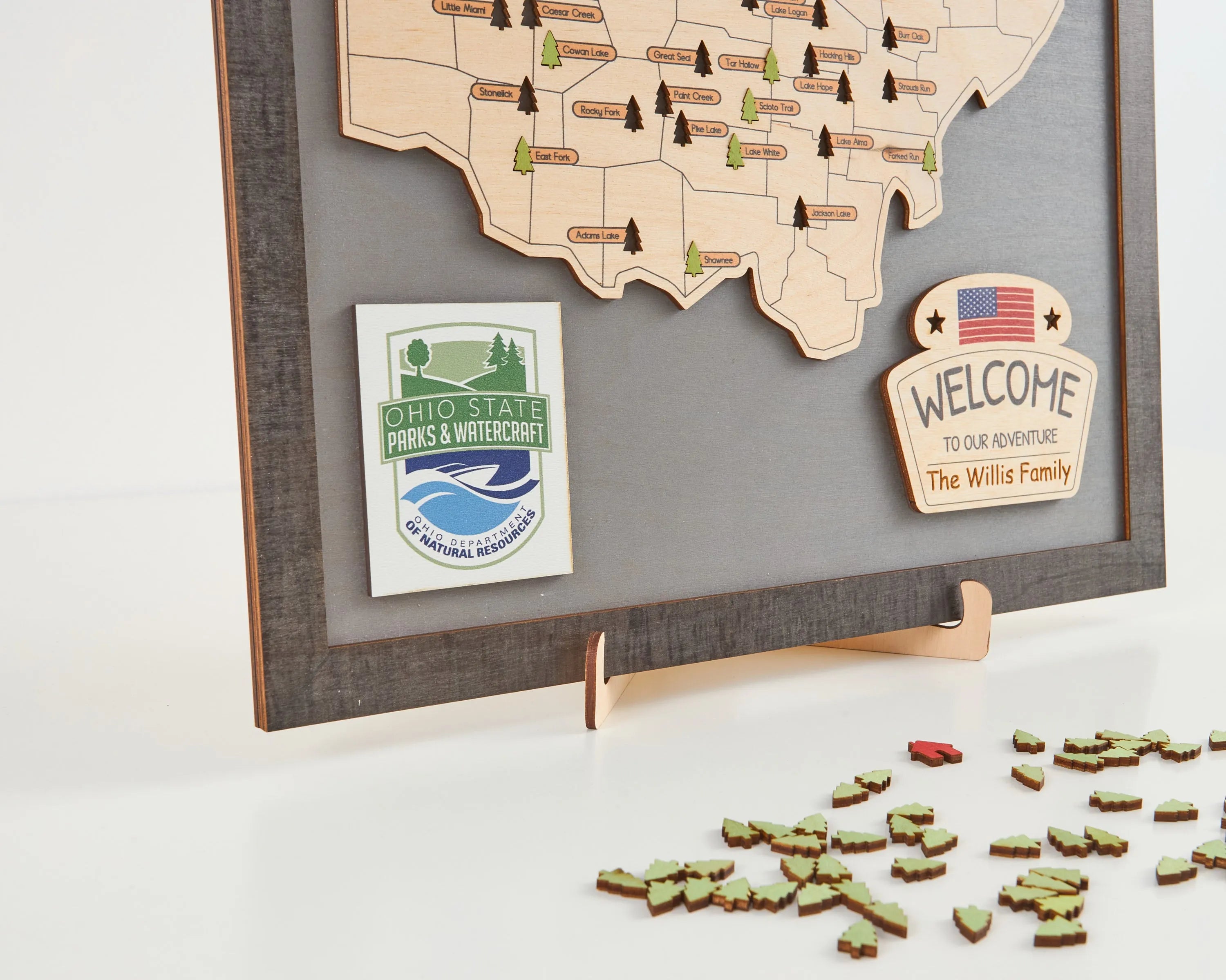 US Wooden Ohio State Parks Map With Trees To Record Park Visits (Light Grey)