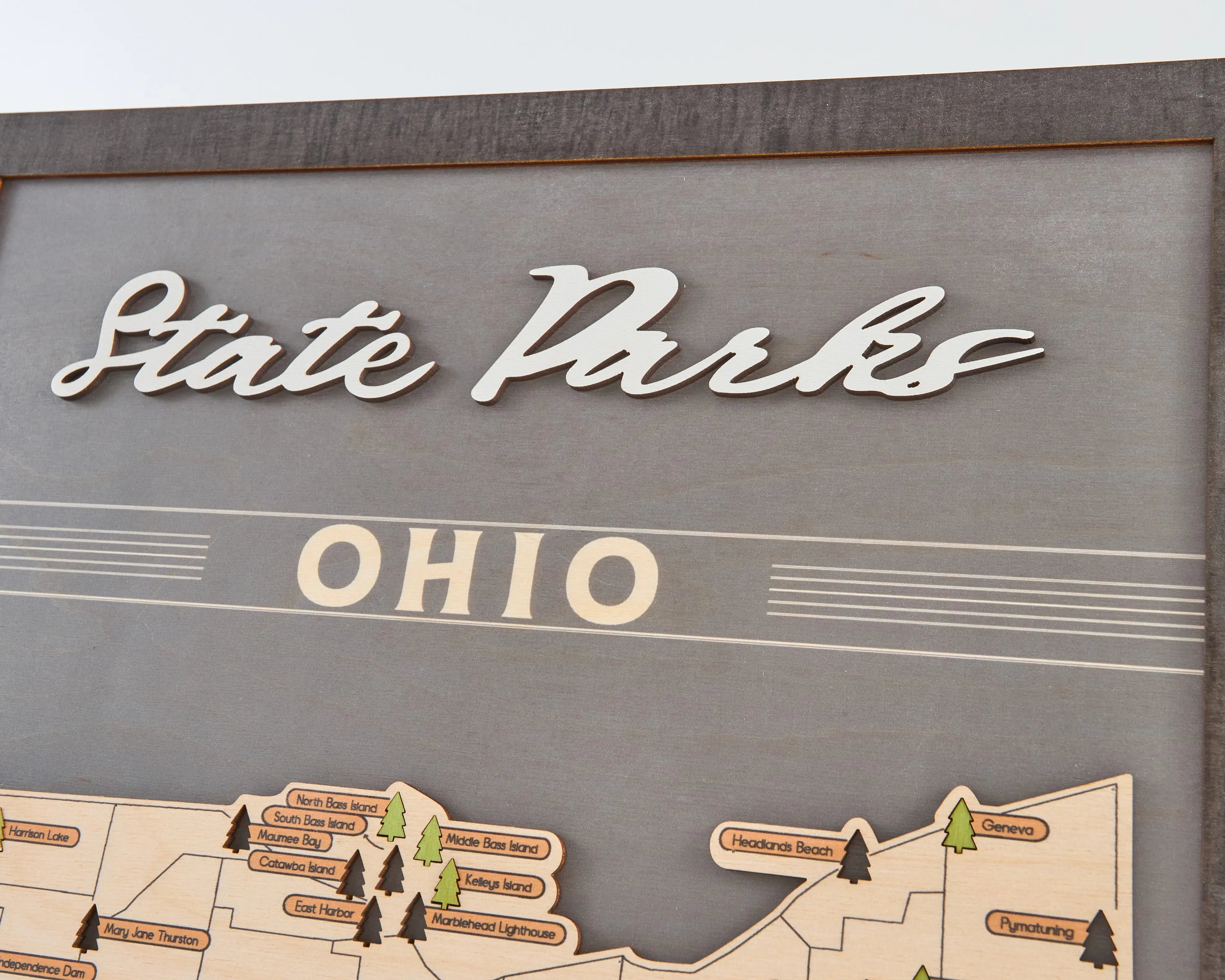 US Wooden Ohio State Parks Map With Trees To Record Park Visits (Light Grey)