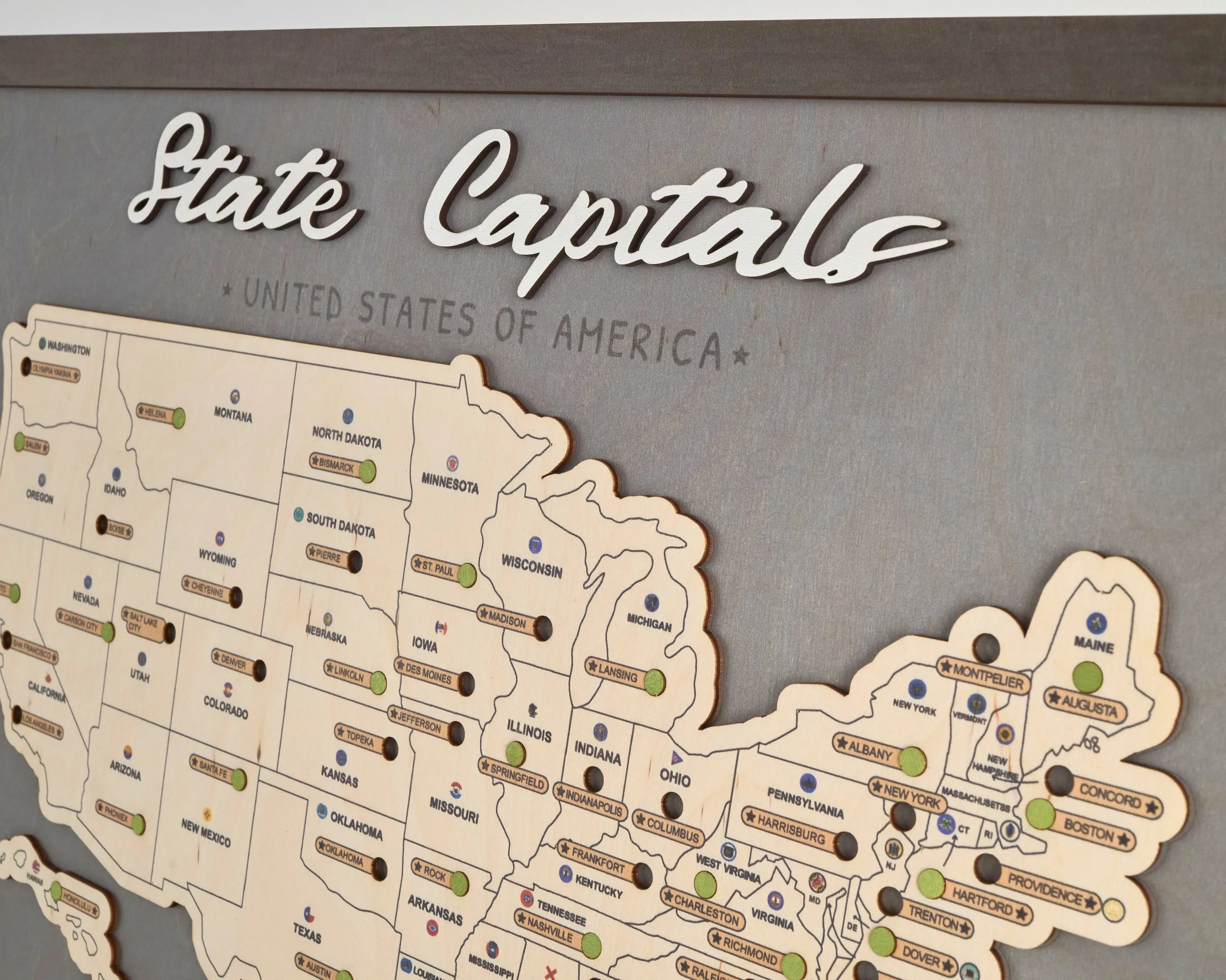 US Wooden State Capitals Travel Map To Record Visits (Light Grey)