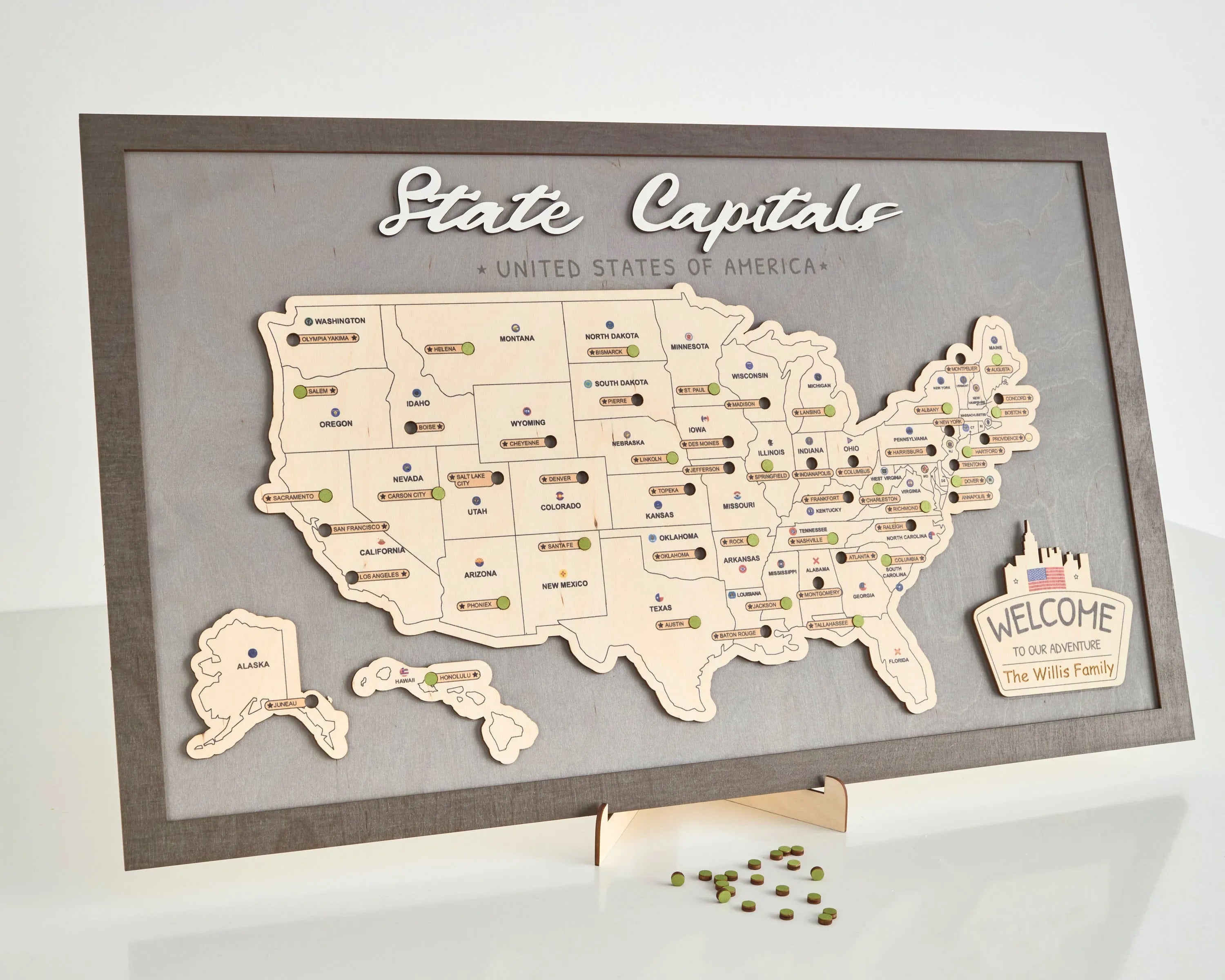 US Wooden State Capitals Travel Map To Record Visits (Light Grey)