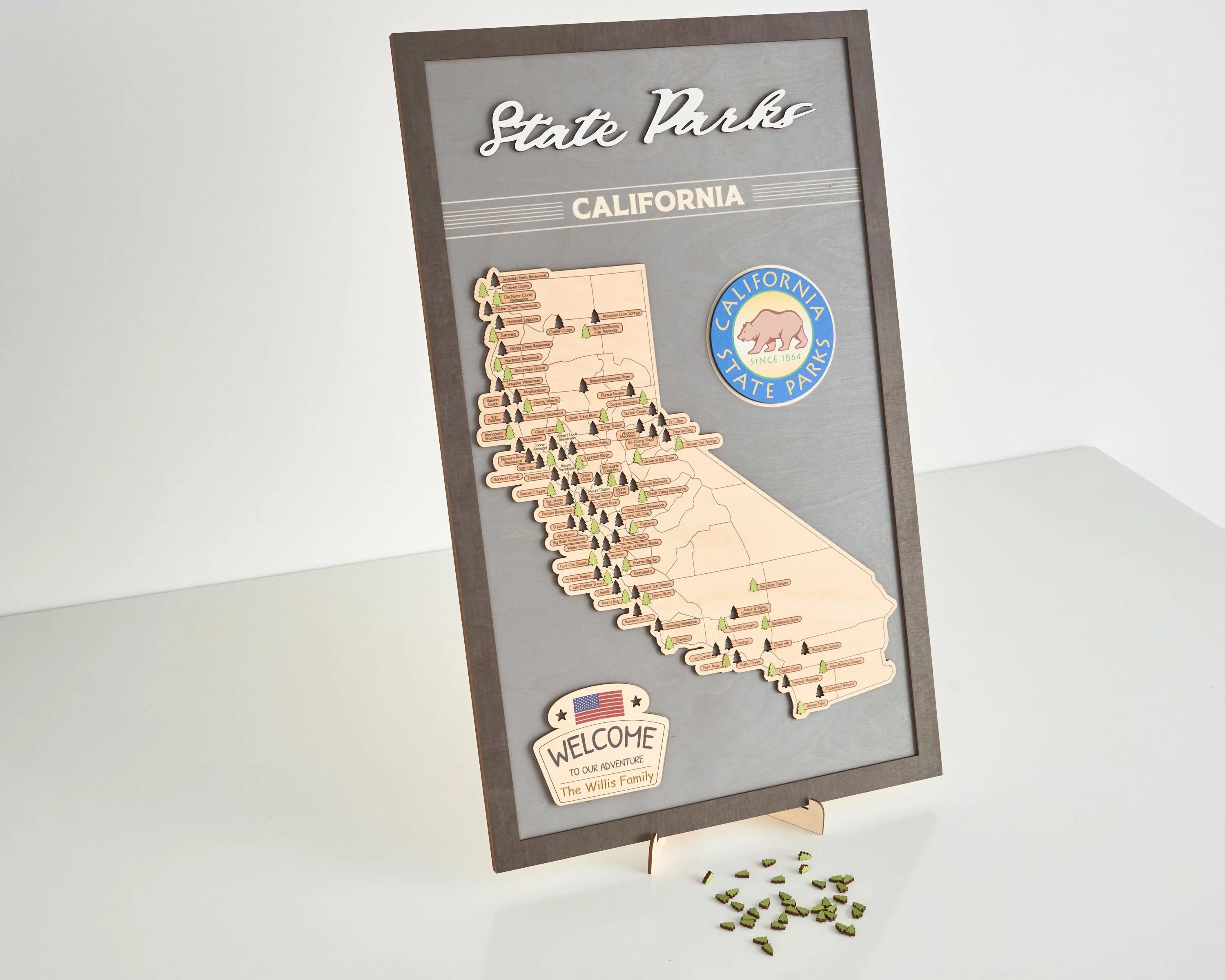 US Wooden California State Parks Travel Map With Trees To Record Park Visits (Light Grey)