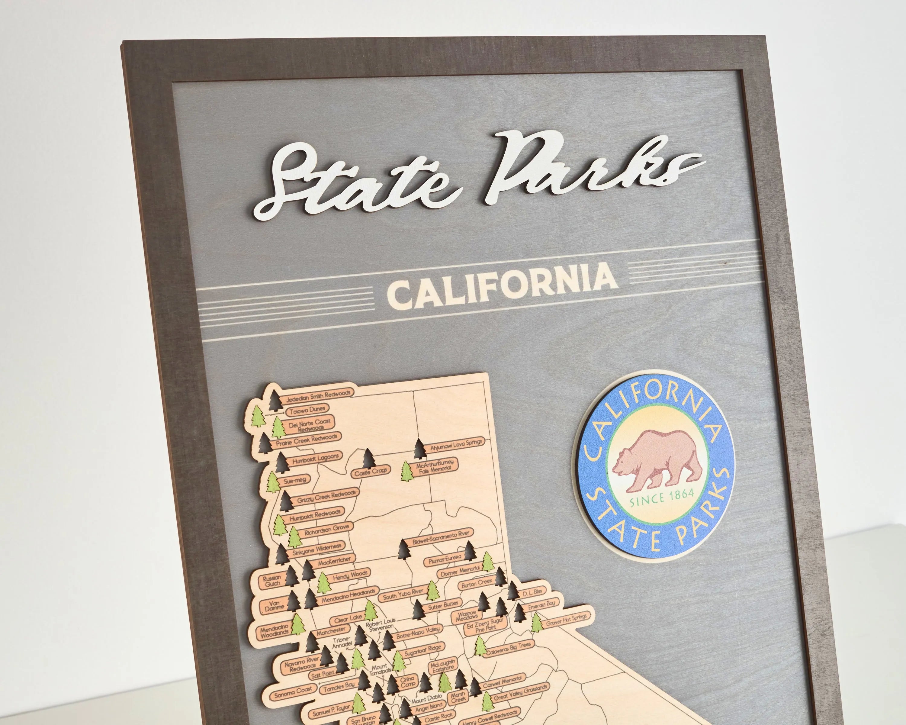 US Wooden California State Parks Travel Map With Trees To Record Park Visits (Light Grey)