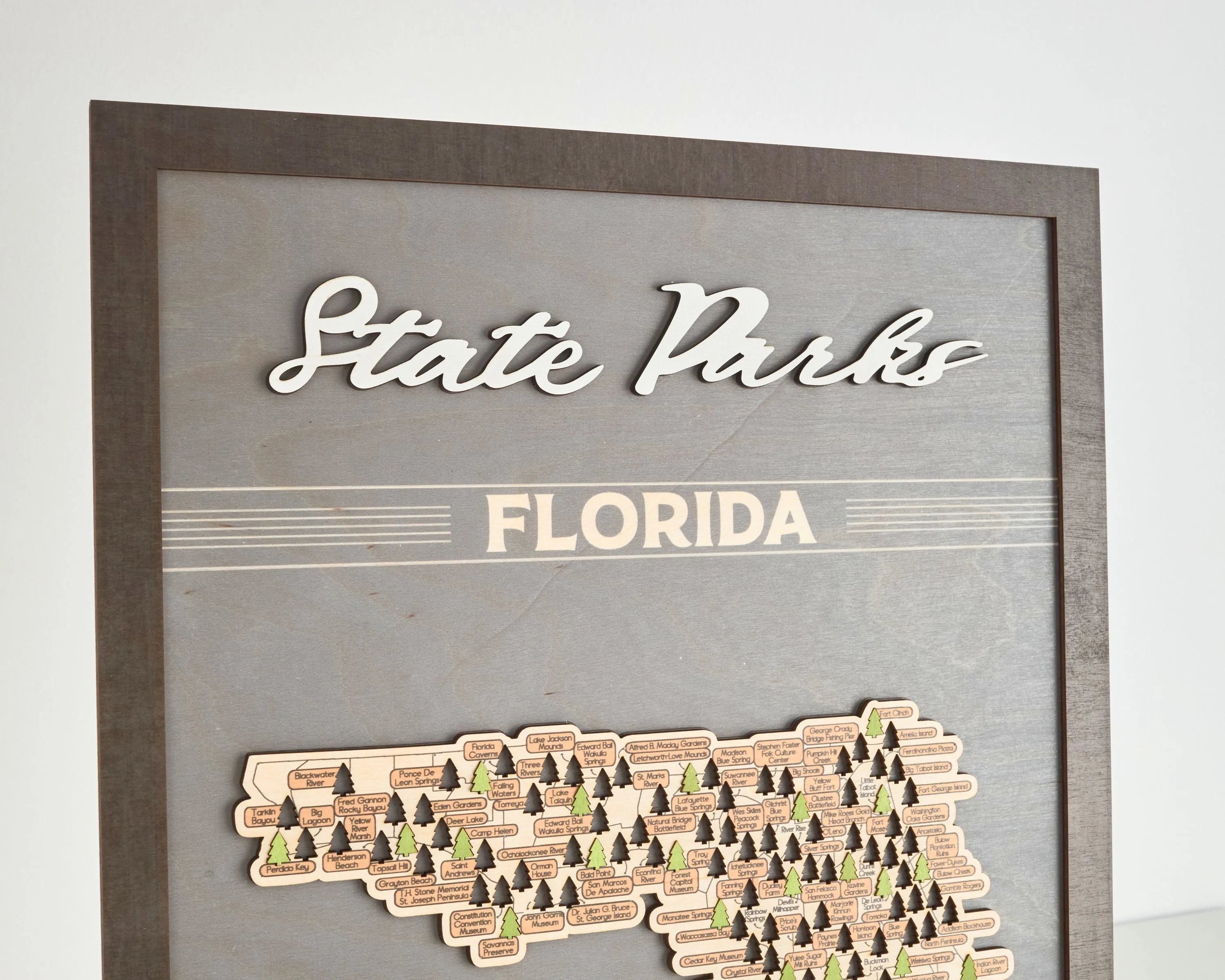 US Wooden Florida State Parks Travel Map With Trees To Record Park Visits (Light Grey)