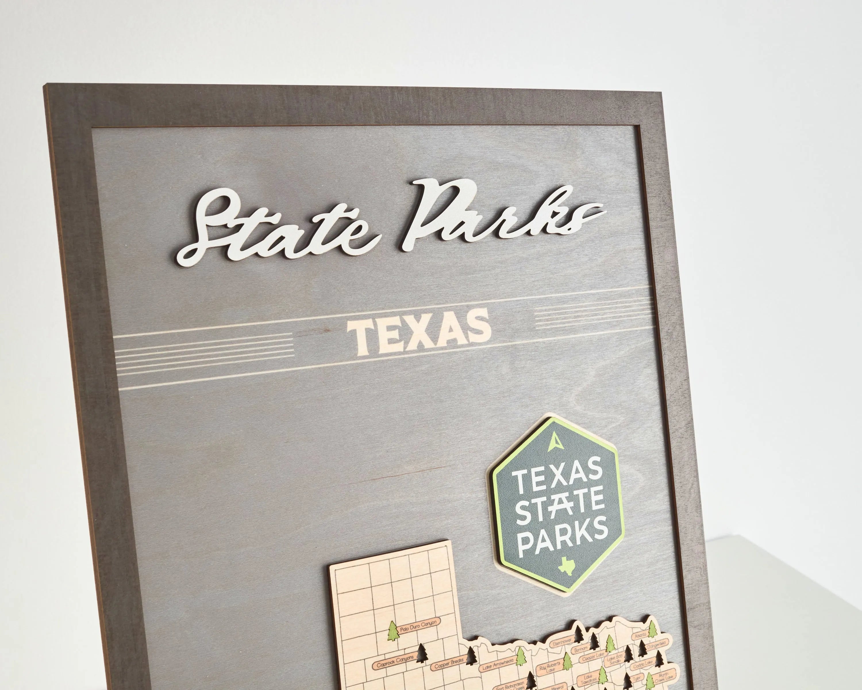 US Wooden Texas State Parks Travel Map With Trees To Record Park Visits (Light Grey)