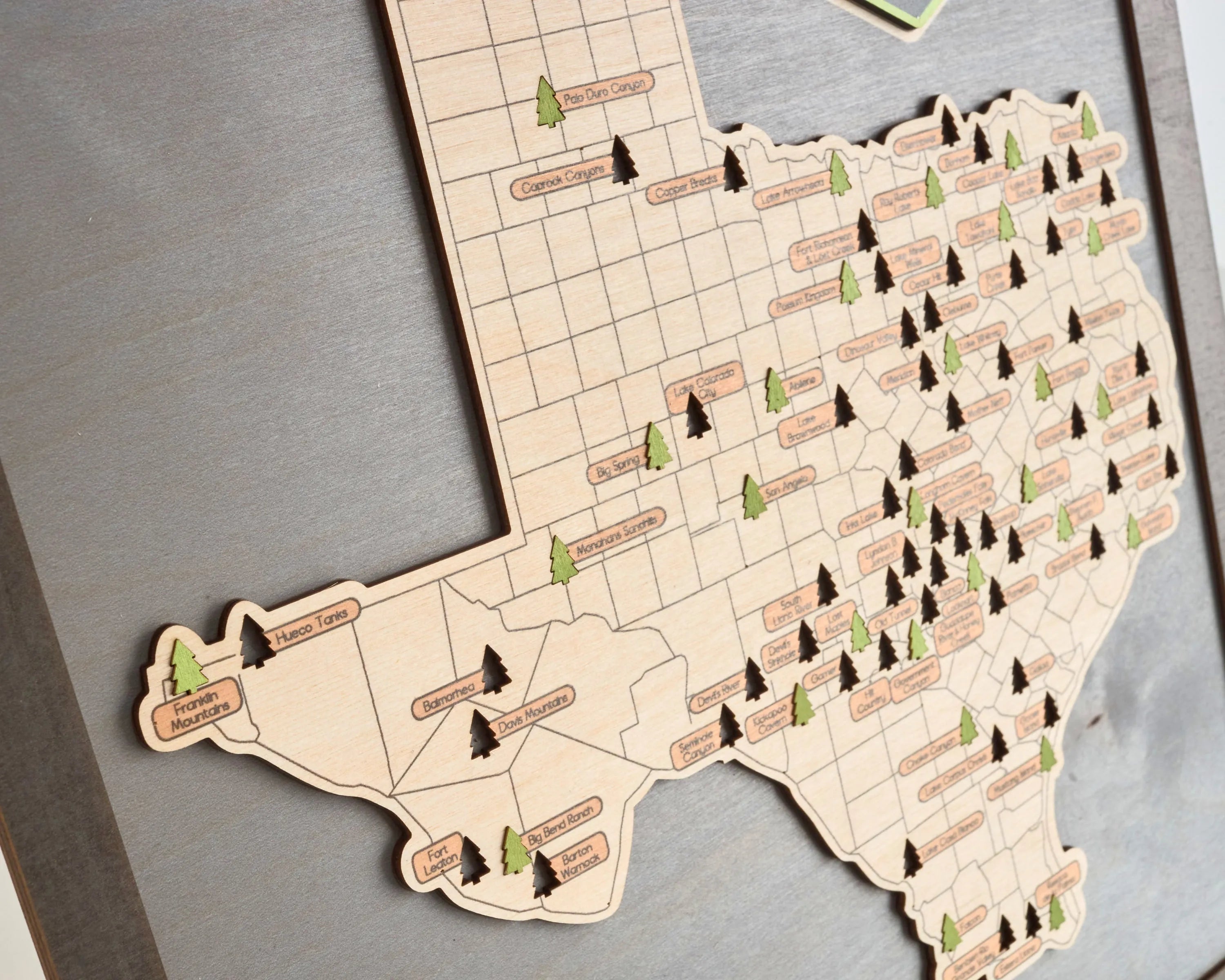 US Wooden Texas State Parks Travel Map With Trees To Record Park Visits (Light Grey)