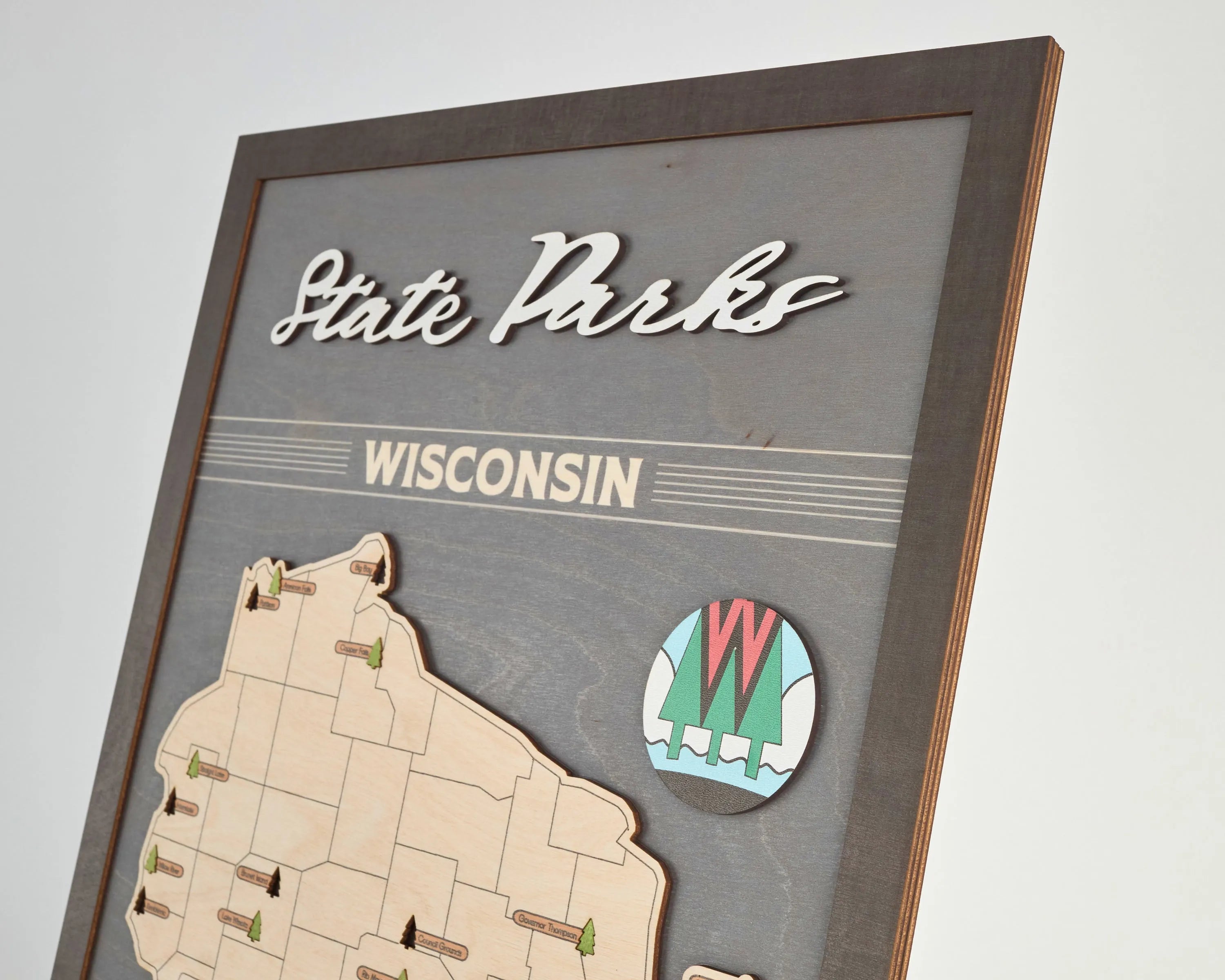 US Wooden Wisconsin State Parks Map With Trees To Record Park Visits (Light Grey)