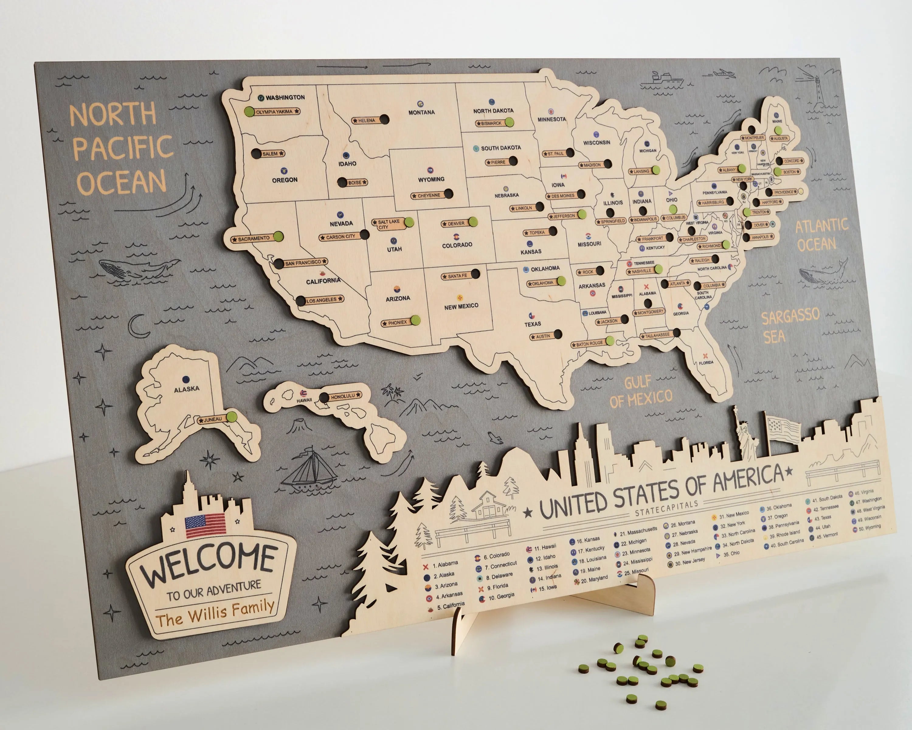 US 3D State Capitals Wooden Travel Map To Record Visits (New Grey)