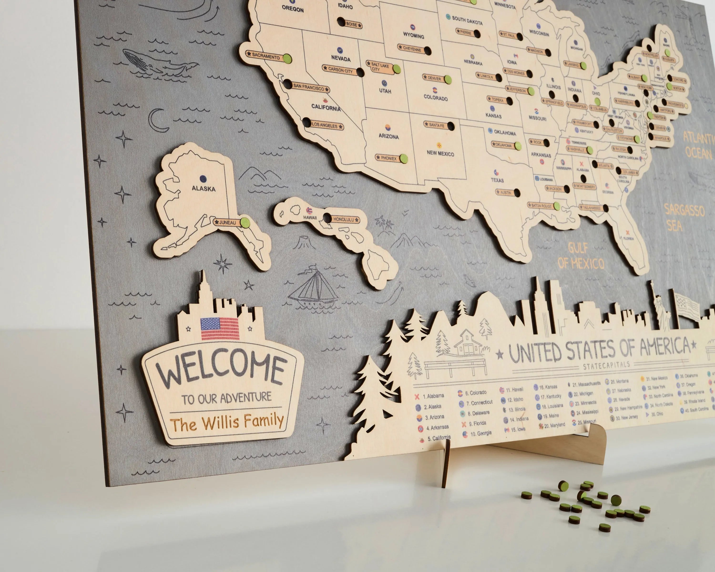 US 3D State Capitals Wooden Travel Map To Record Visits (New Grey)