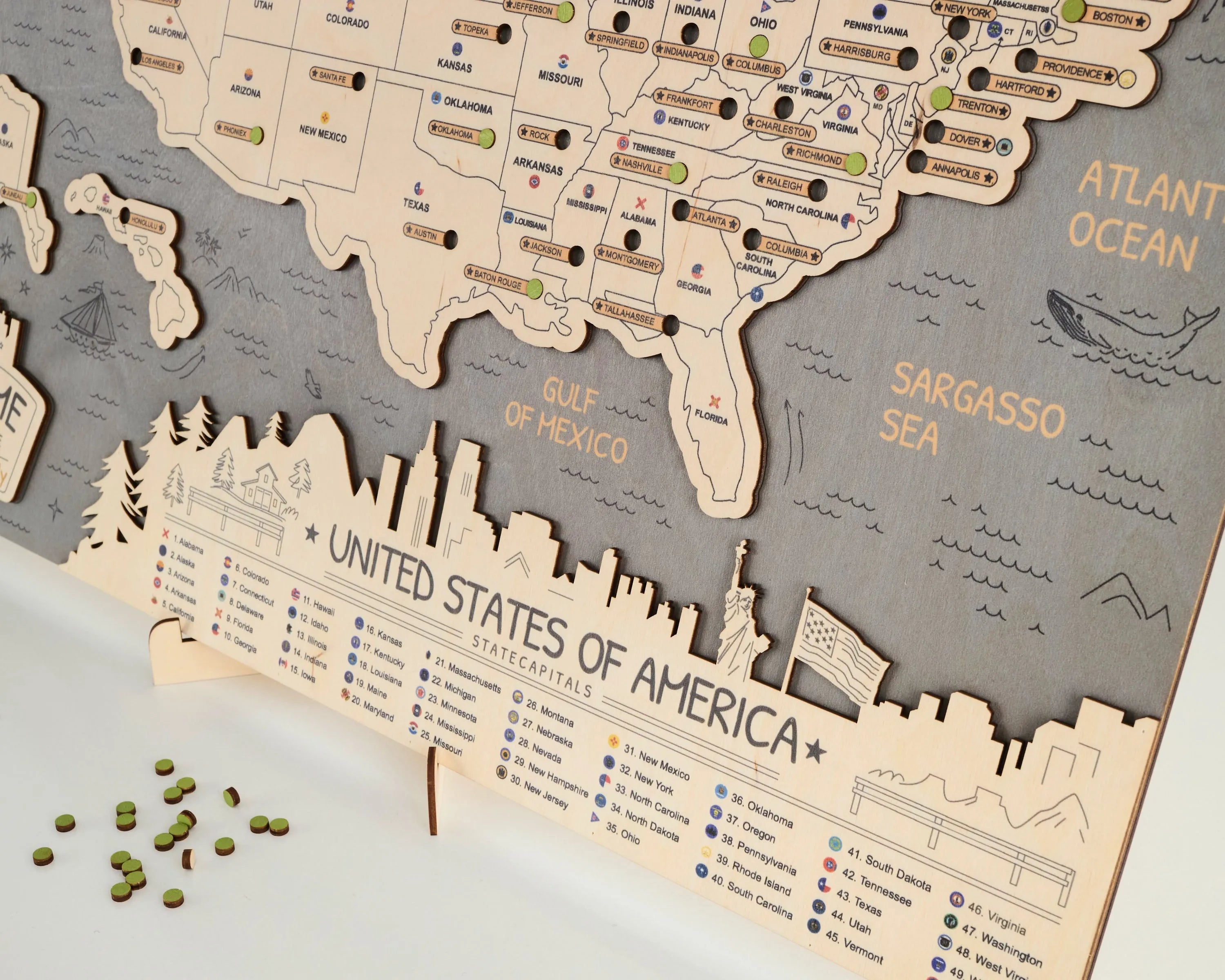 US 3D State Capitals Wooden Travel Map To Record Visits (New Grey