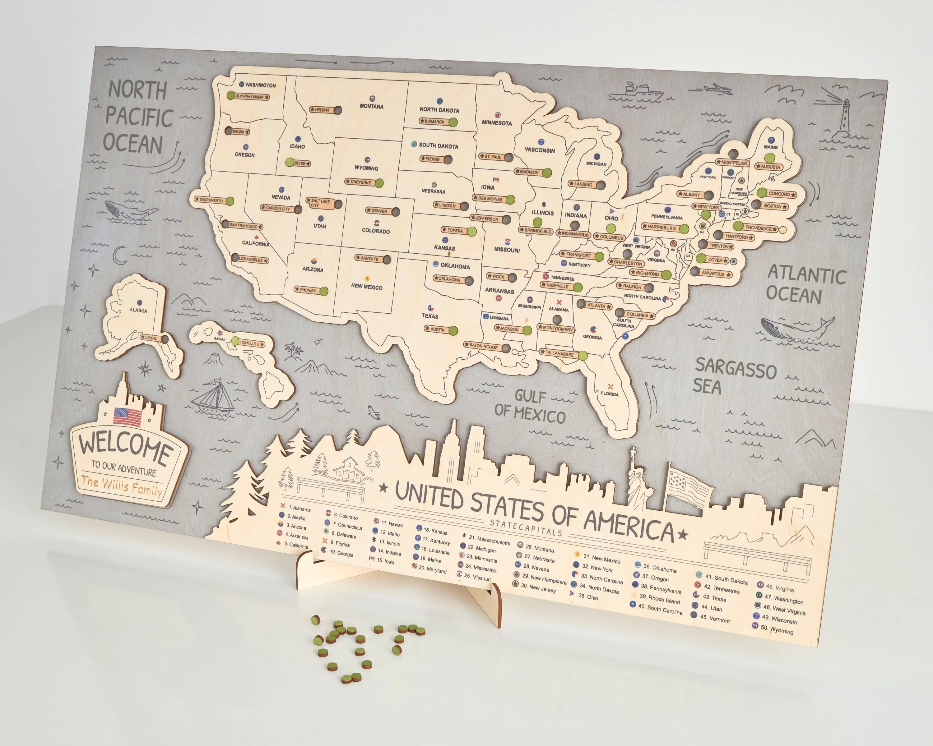 US 3D State Capitals Wooden Travel Map To Record Visits (New Light Grey)