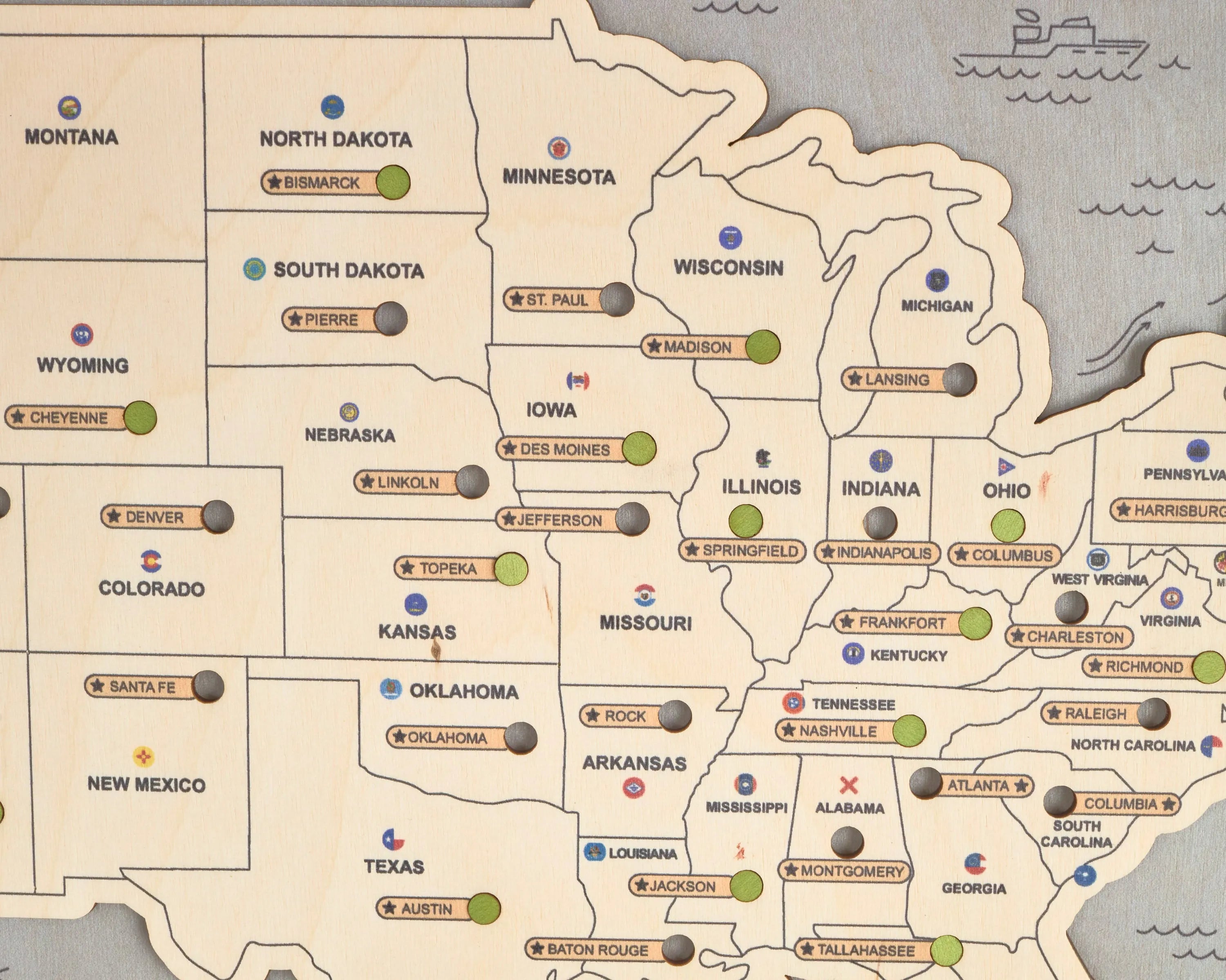 US 3D State Capitals Wooden Travel Map To Record Visits (New Light Grey)