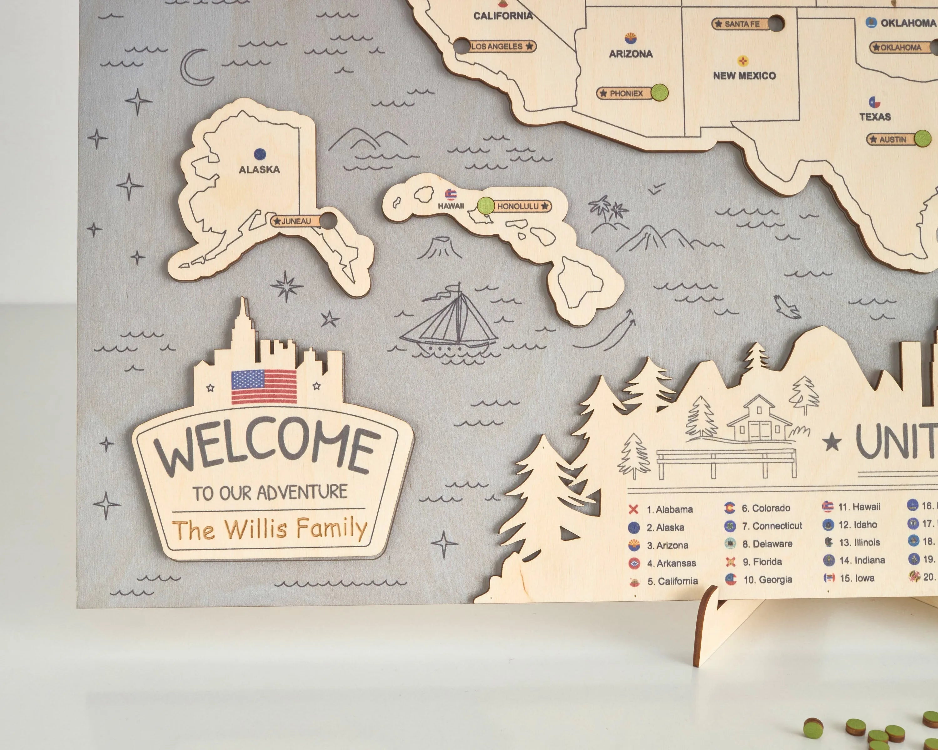 US 3D State Capitals Wooden Travel Map To Record Visits (New Light Grey)