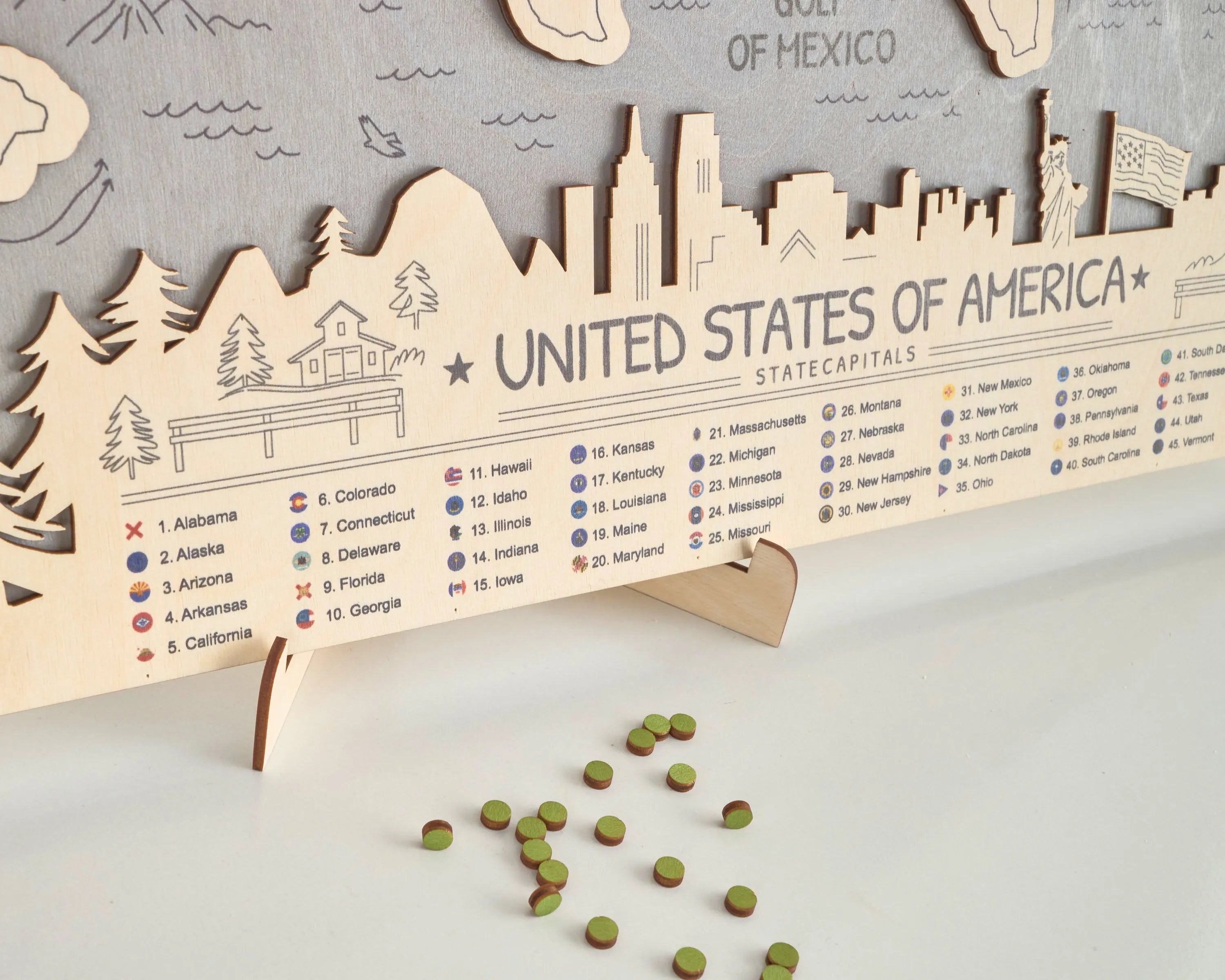 US 3D State Capitals Wooden Travel Map To Record Visits (New Light Grey)