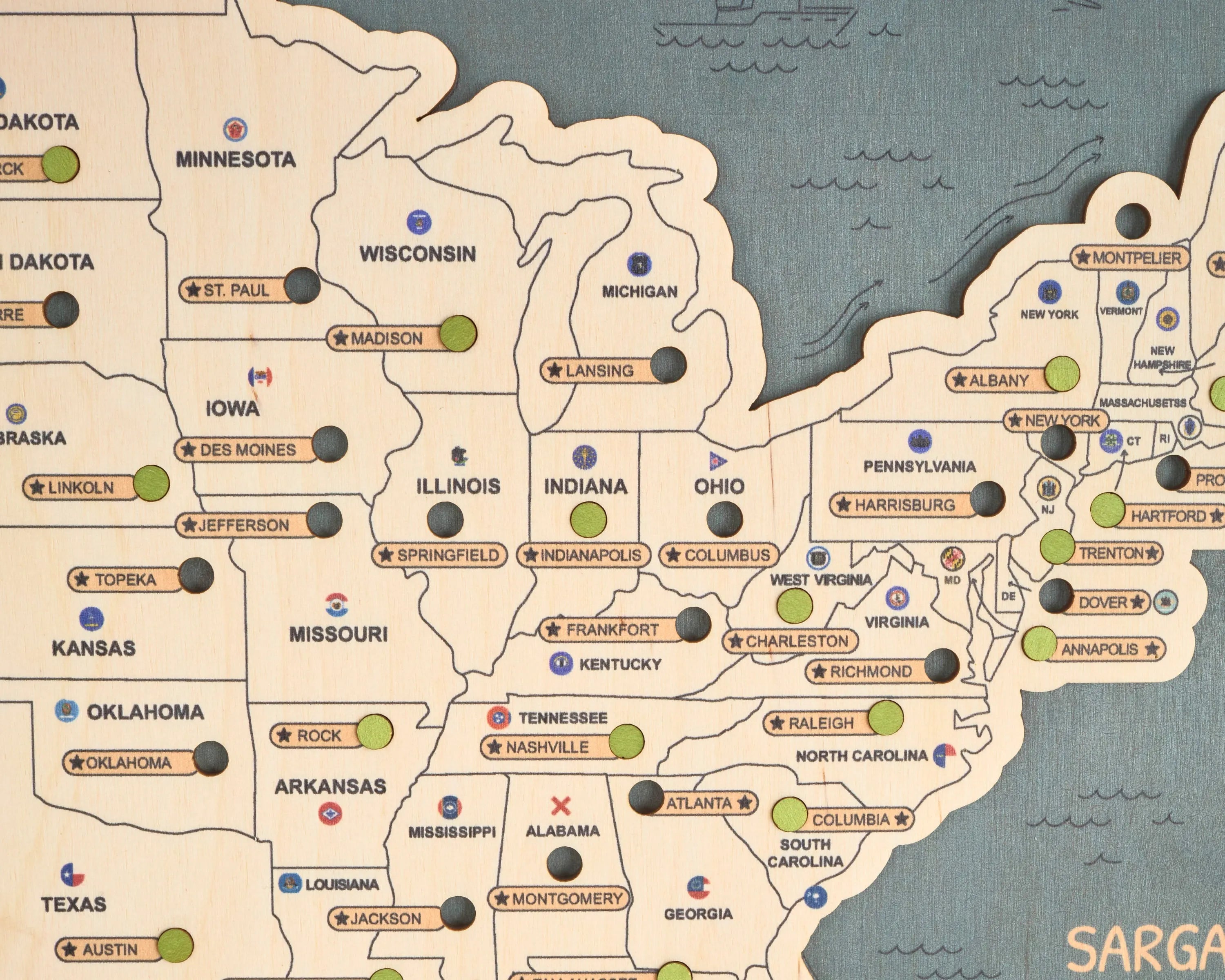 US 3D State Capitals Wooden Travel Map To Record Visits (New Sea Breeze)