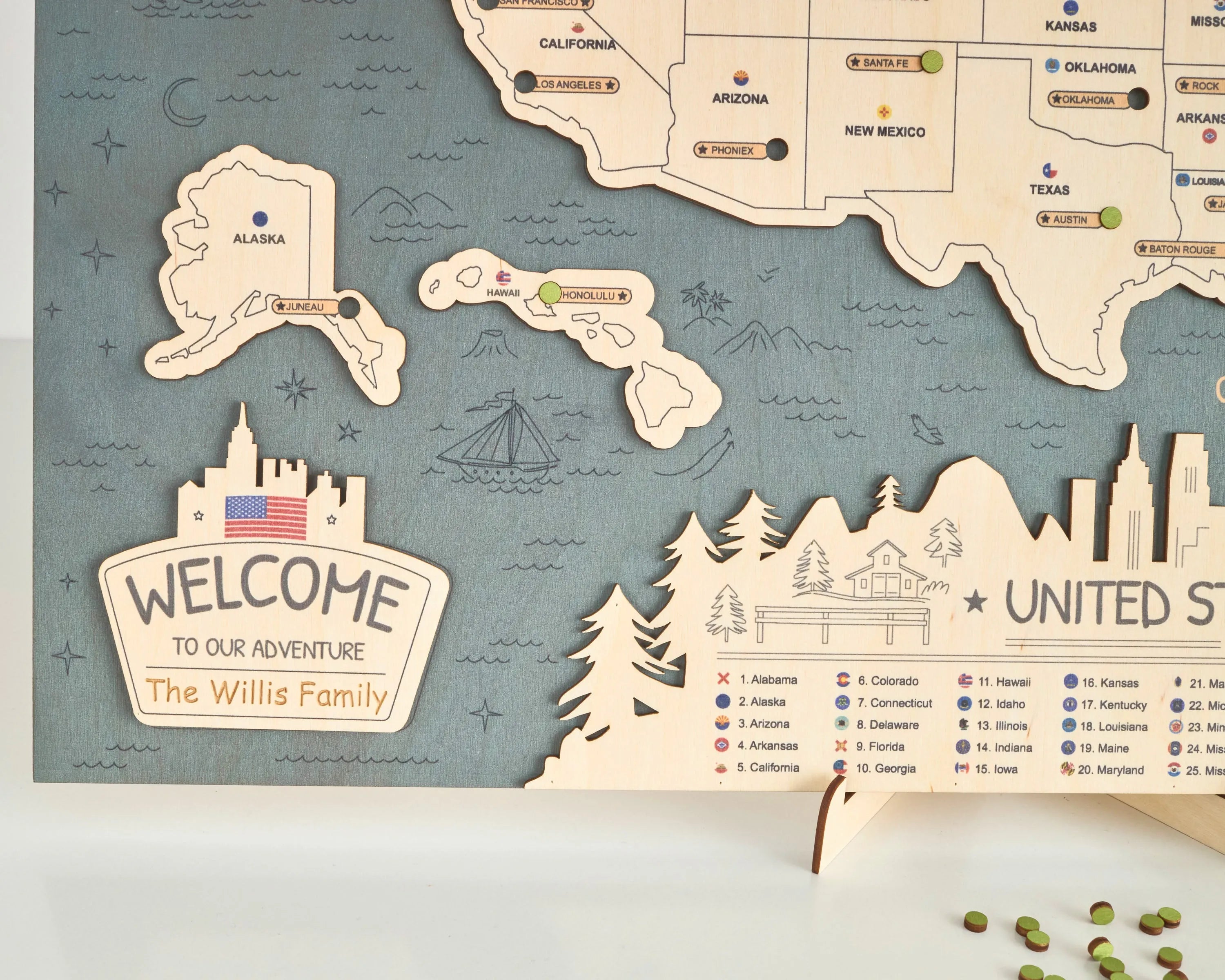 US 3D State Capitals Wooden Travel Map To Record Visits (New Sea Breeze)