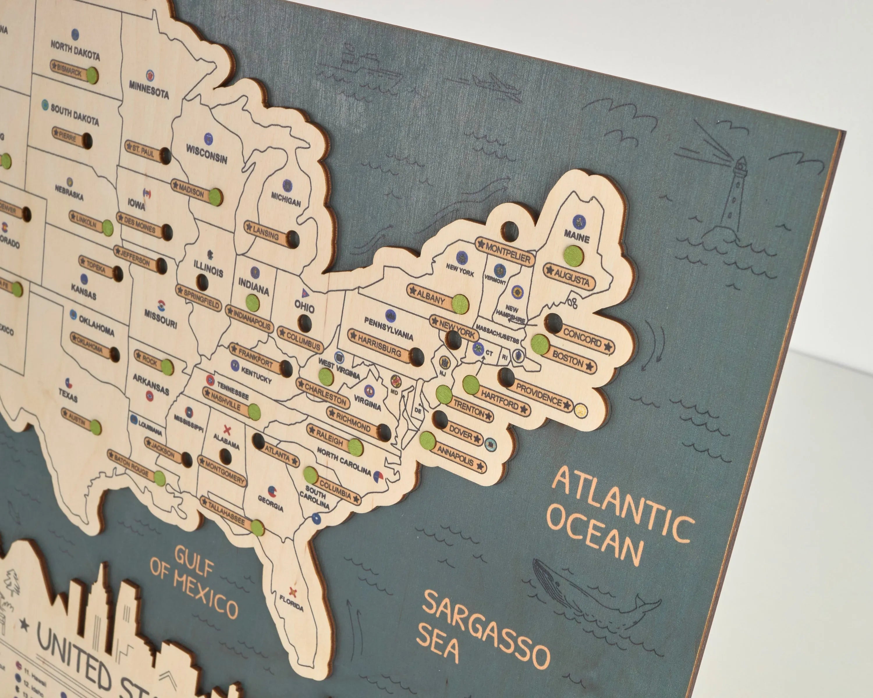 US 3D State Capitals Wooden Travel Map To Record Visits (New Sea Breeze)