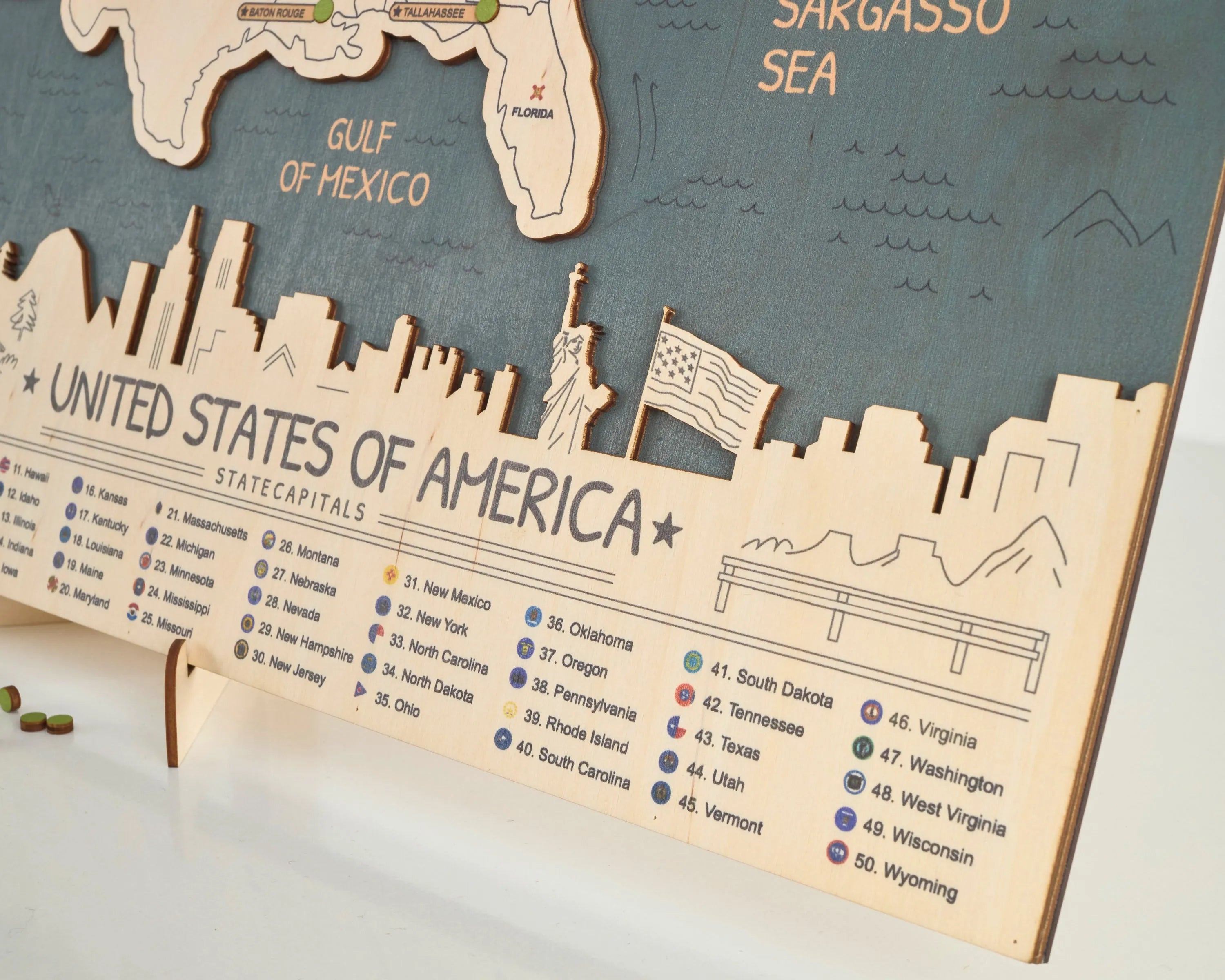 US 3D State Capitals Wooden Travel Map To Record Visits (New Sea Breeze)