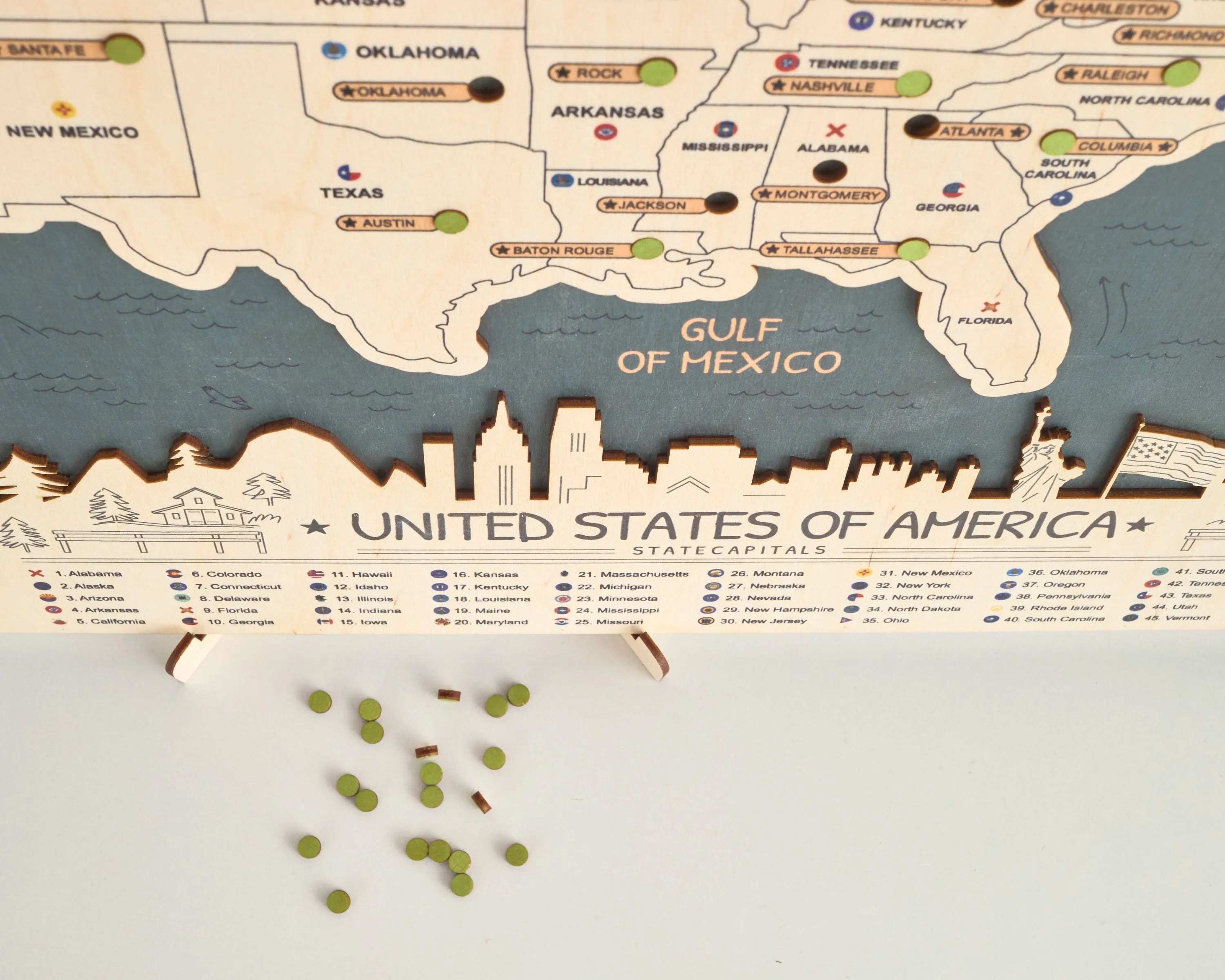 US 3D State Capitals Wooden Travel Map To Record Visits (New Sea Breeze)