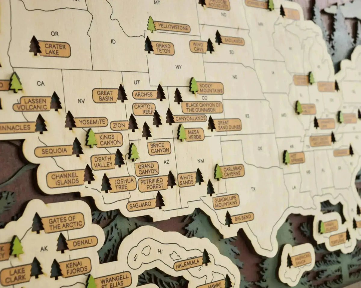 Record Label Map US 3D Wooden National Parks Travel Map With Trees To Record Park Visits ...