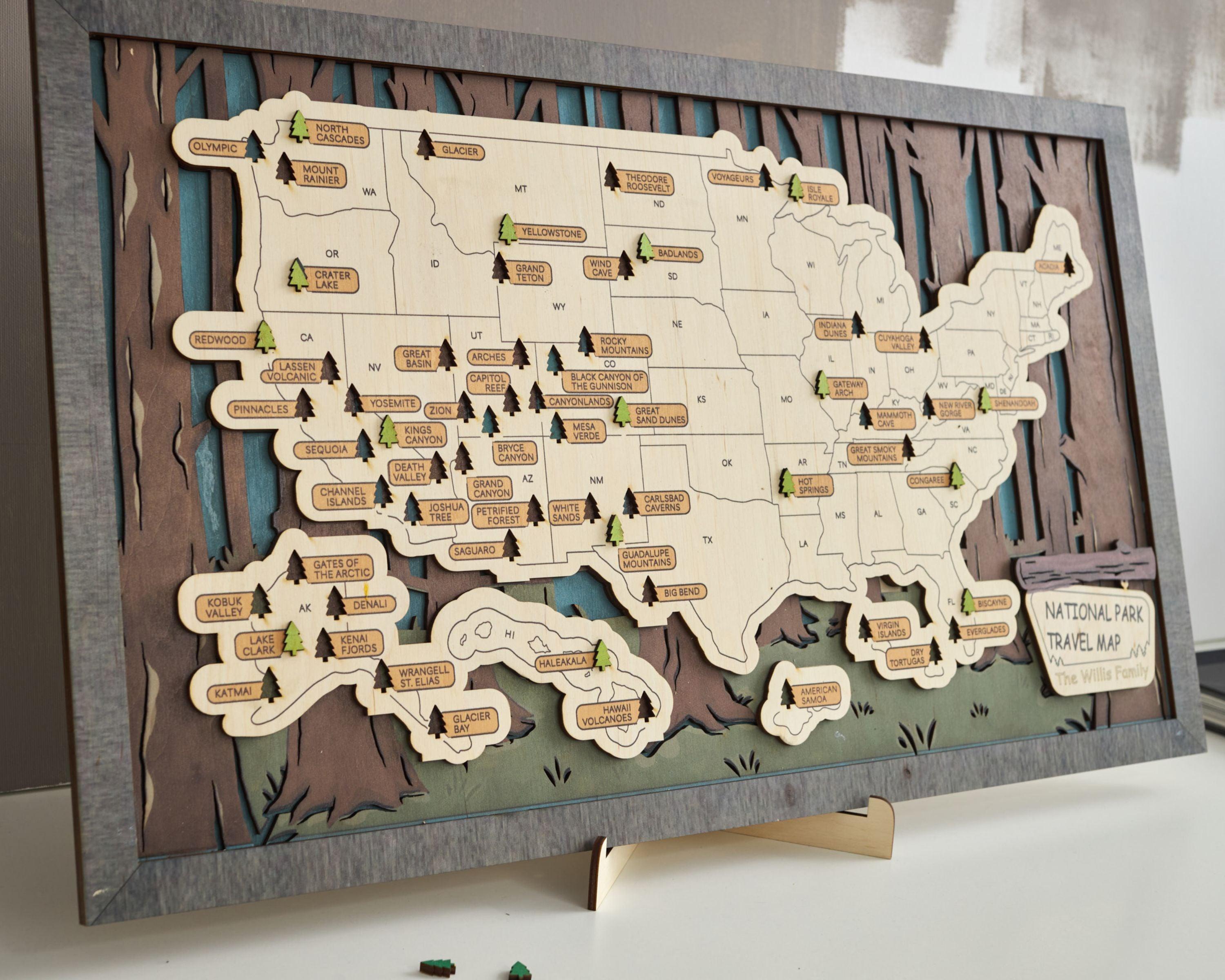 US 3D Wooden National Parks Travel Map With Trees To Record Park Visits (2 Design) - Lemap