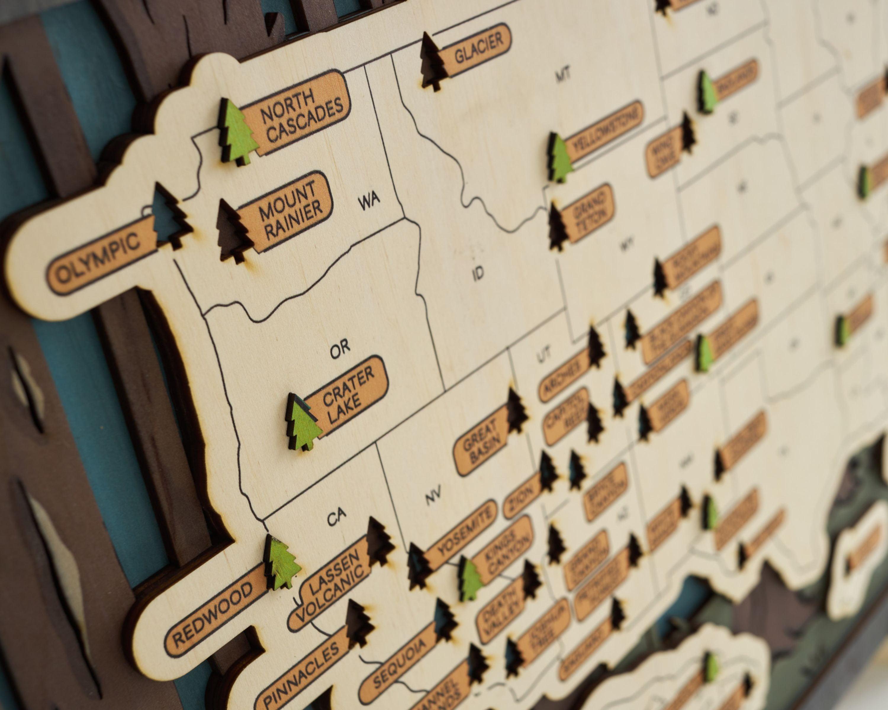 US 3D Wooden National Parks Travel Map With Trees To Record Park Visits (2 Design) - Lemap