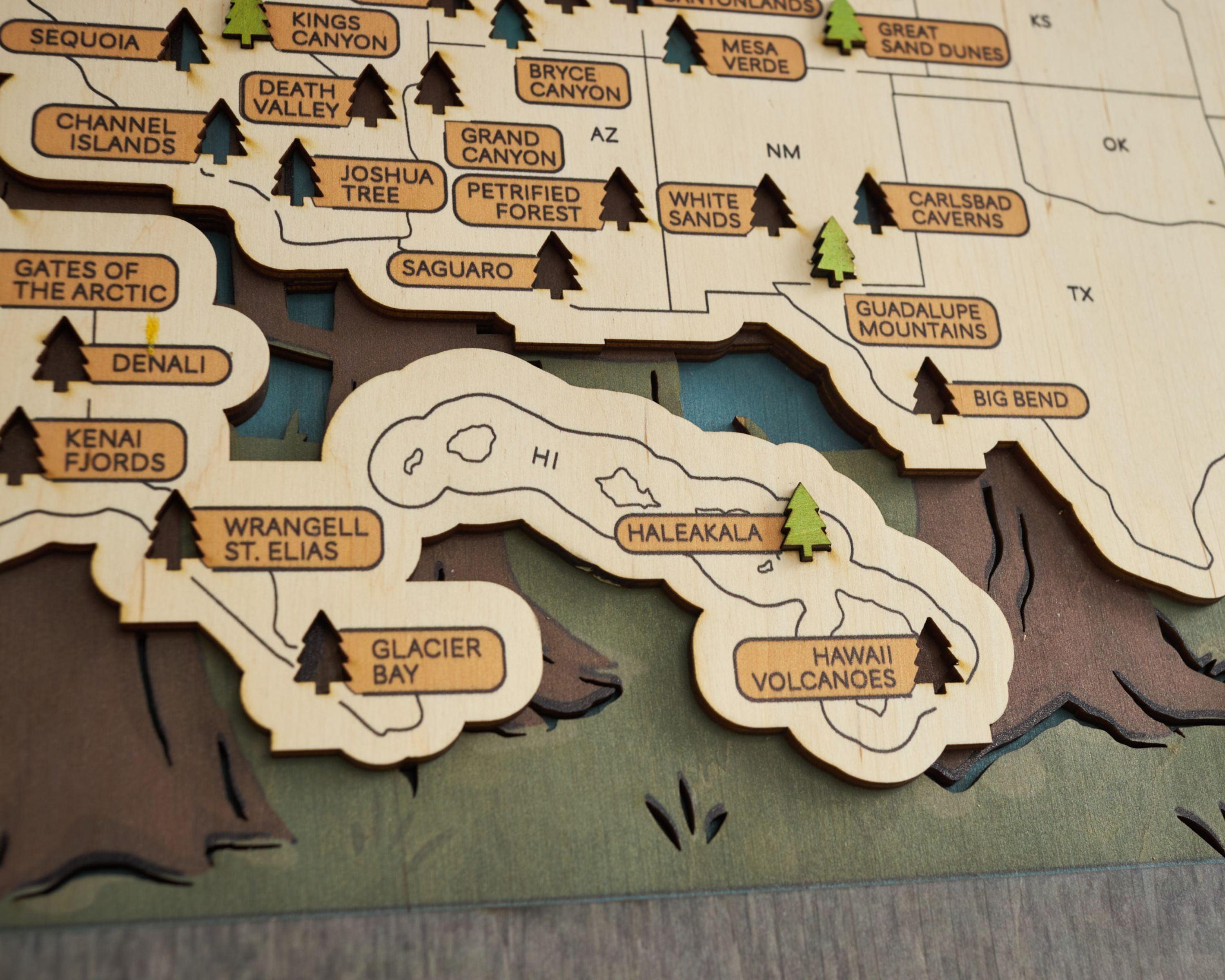 US 3D Wooden National Parks Travel Map With Trees To Record Park Visits (2 Design) - Lemap