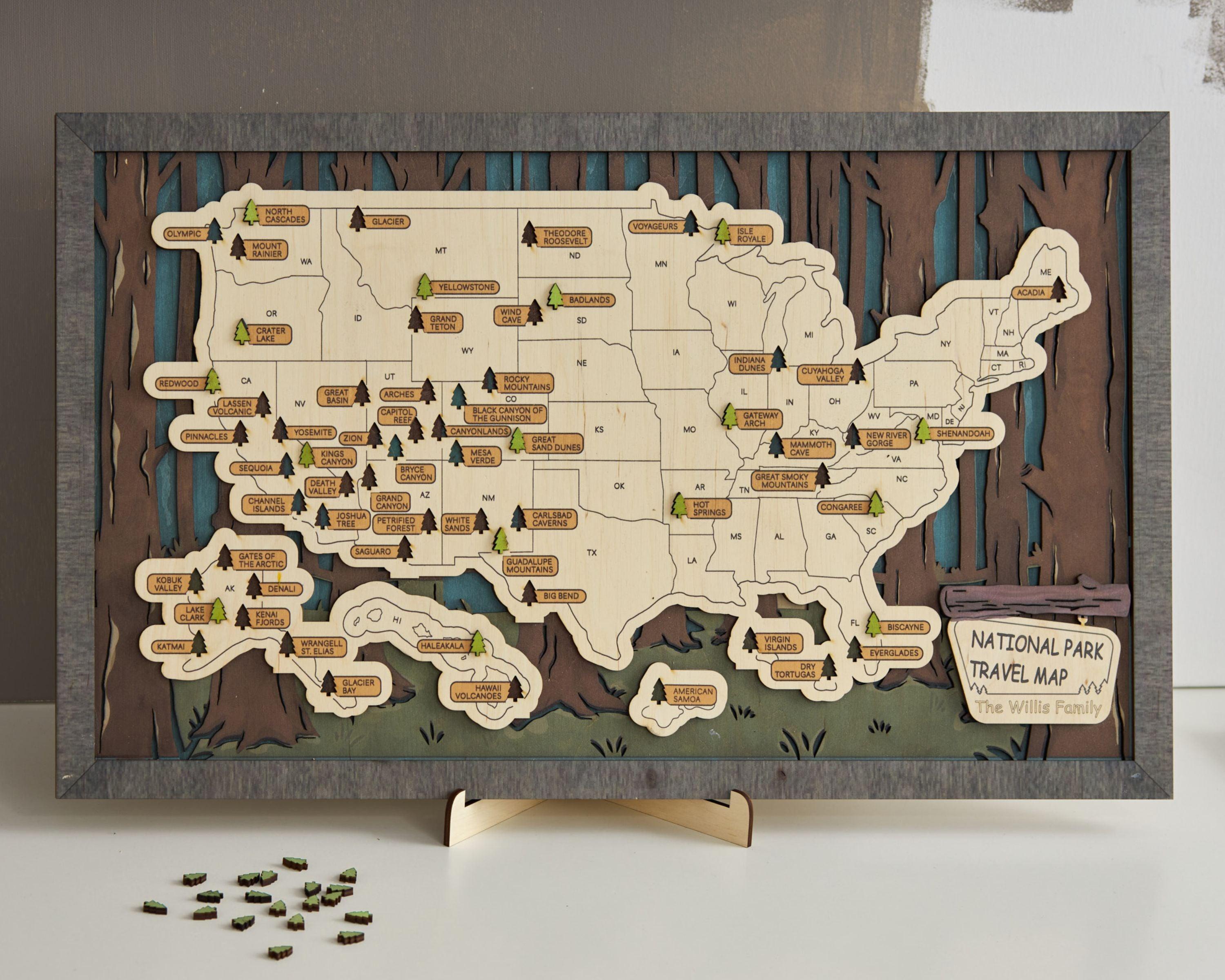 US 3D Wooden National Parks Travel Map With Trees To Record Park Visits (2 Design) - Lemap