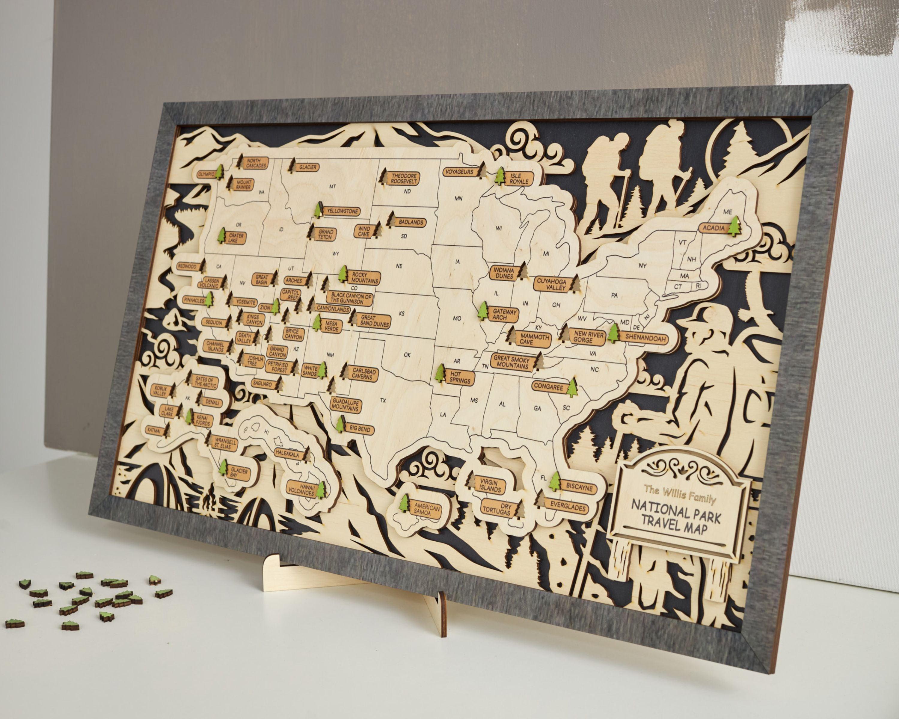 US 3D Wooden National Parks Travel Map With Trees To Record Park Visits (Hiking Design) - Lemap