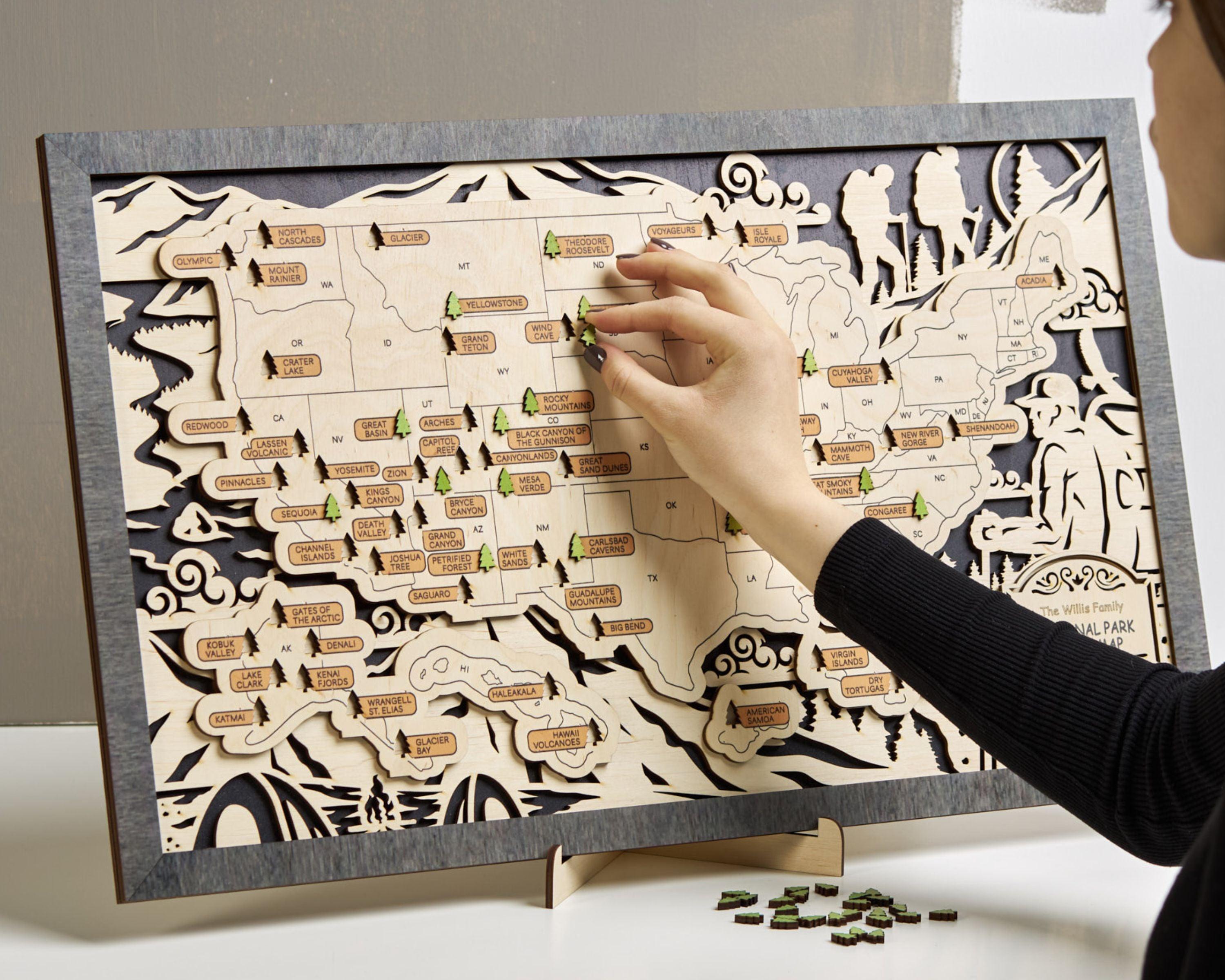 US 3D Wooden National Parks Travel Map With Trees To Record Park Visits (Hiking Design) - Lemap