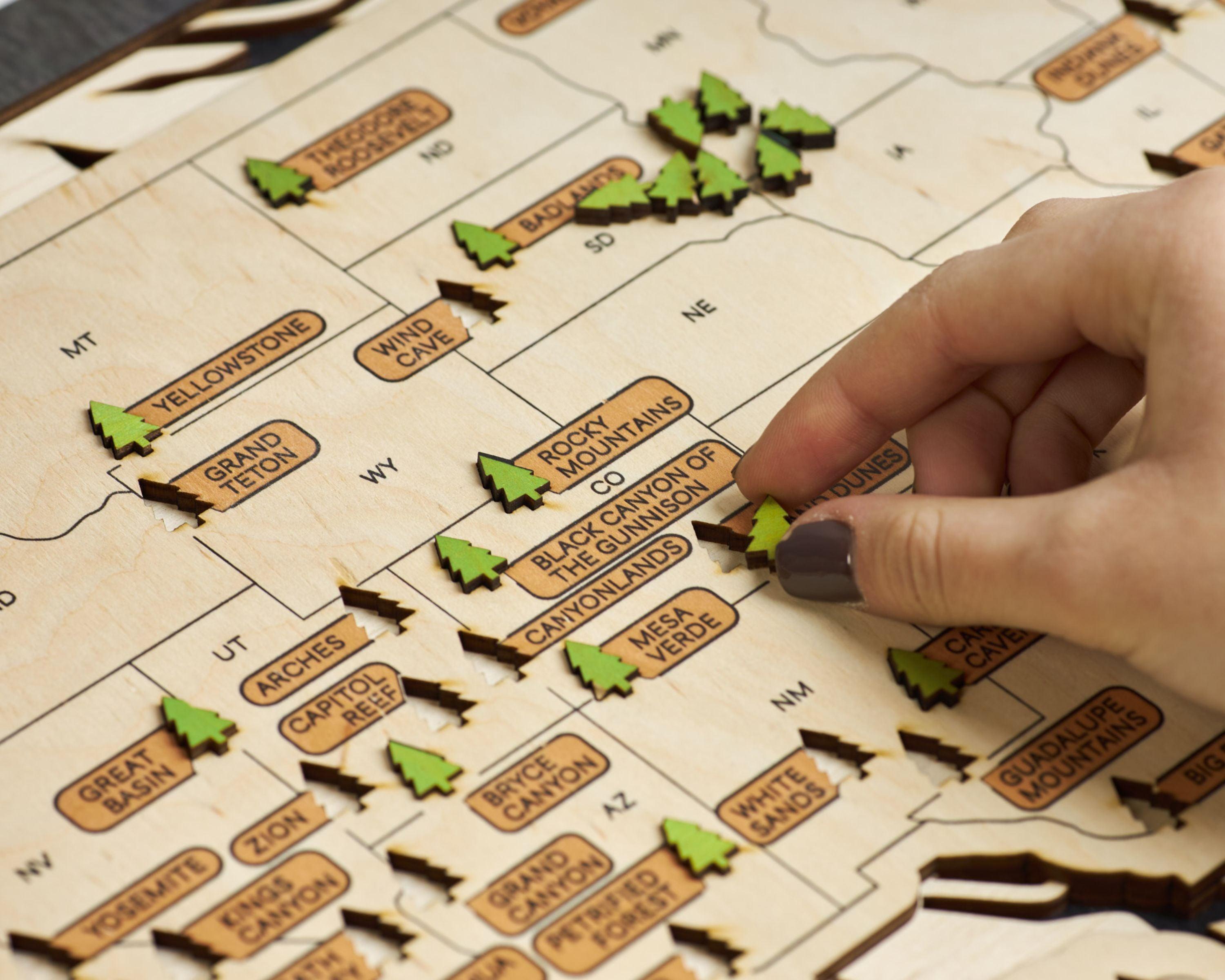 US 3D Wooden National Parks Travel Map With Trees To Record Park Visits (Hiking Design) - Lemap