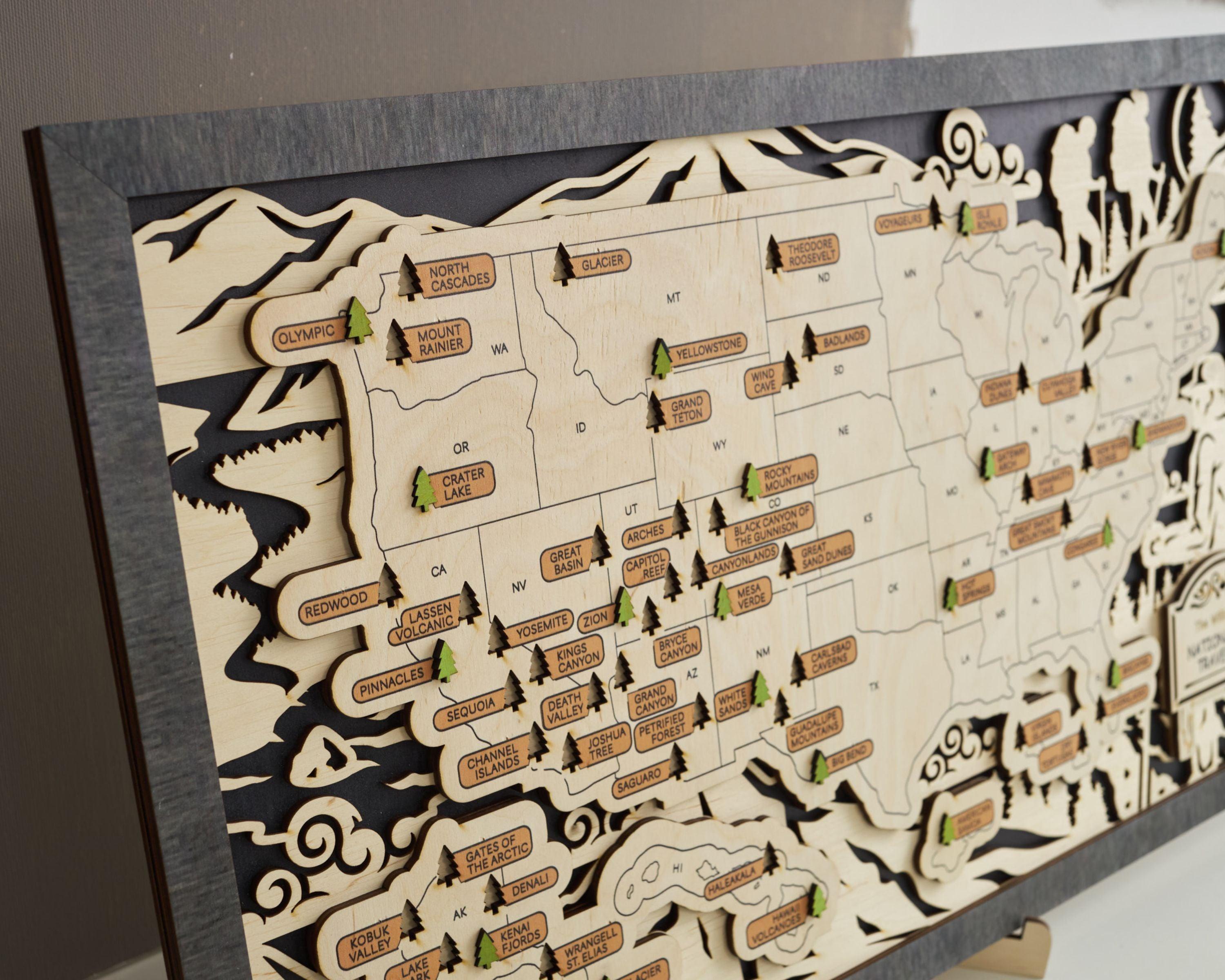 US 3D Wooden National Parks Travel Map With Trees To Record Park Visits (Hiking Design) - Lemap