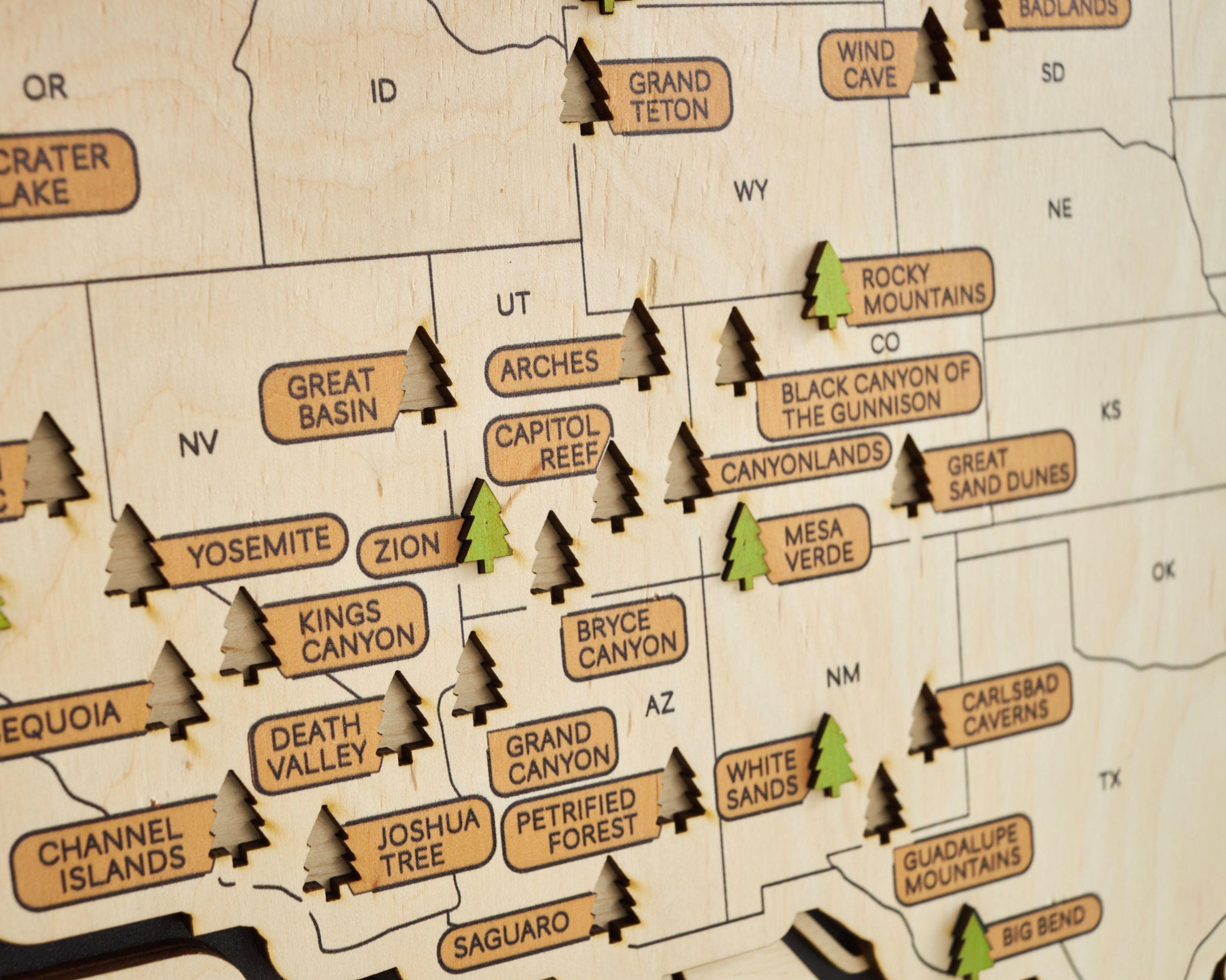 US 3D Wooden National Parks Travel Map With Trees To Record Park Visits (Hiking Design) - Lemap