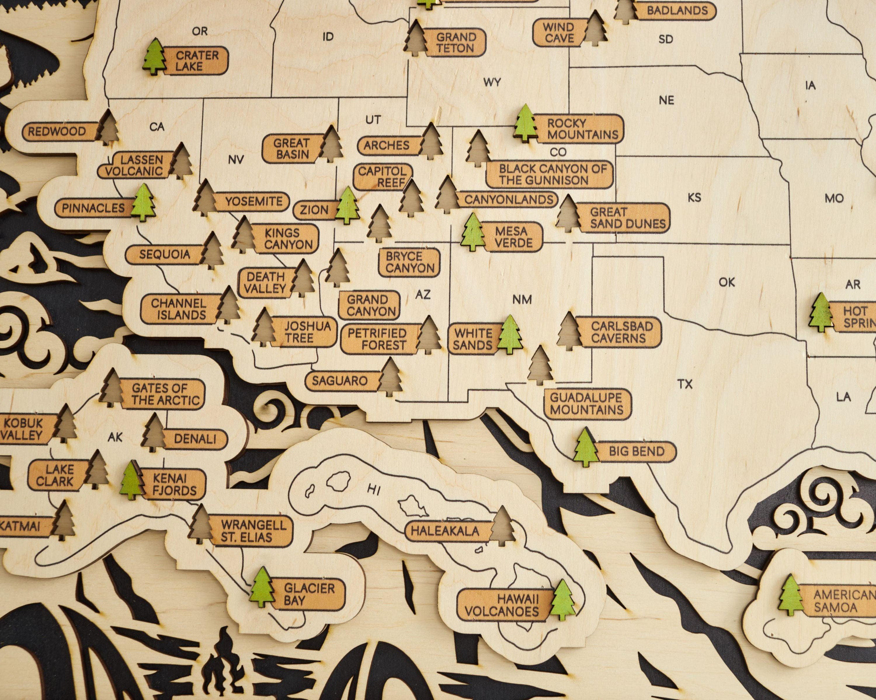 US 3D Wooden National Parks Travel Map With Trees To Record Park Visits (Hiking Design) - Lemap