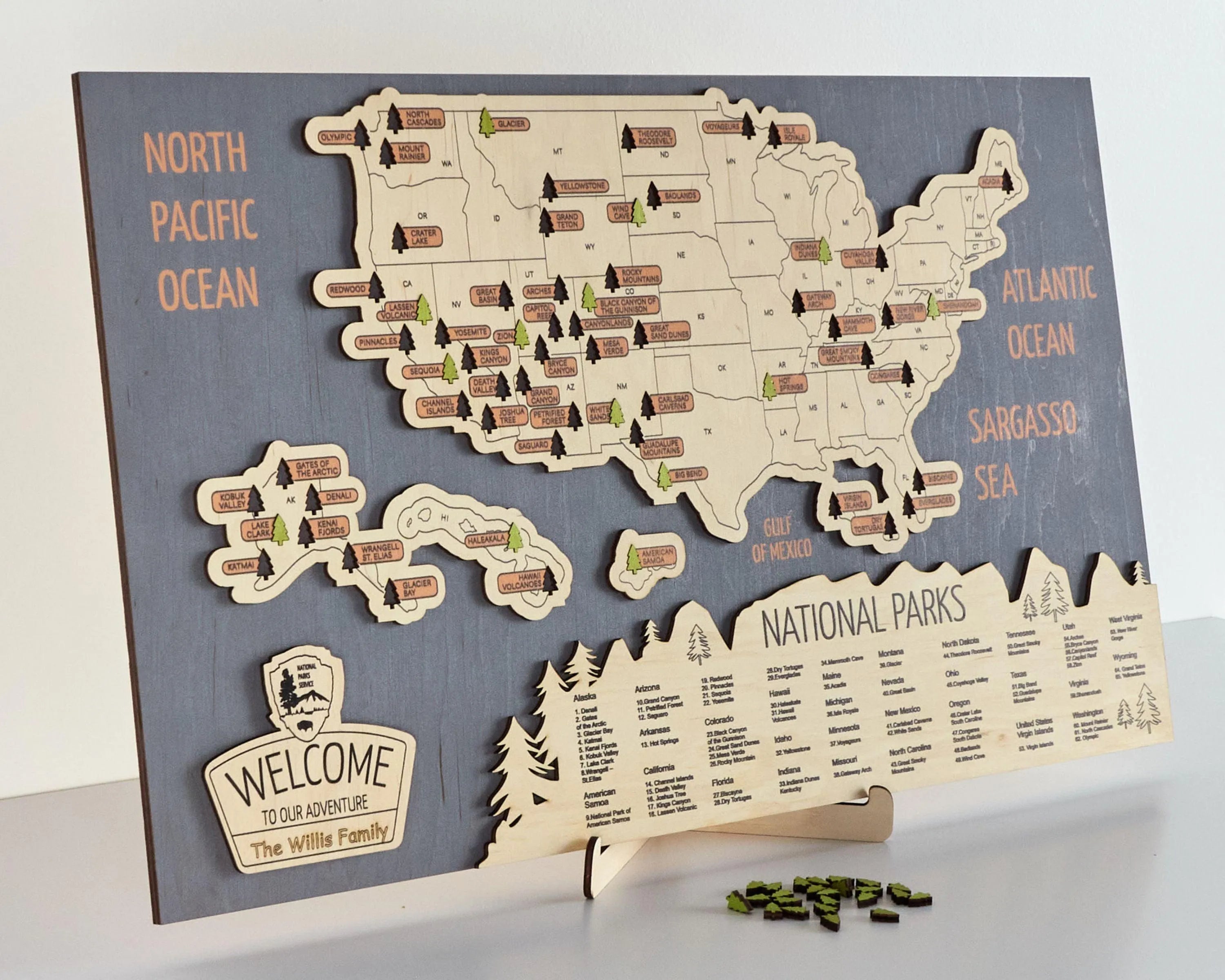 US 3D Wooden National Parks Travel Map With Trees To Record Park Visits (New Blue) - Lemap