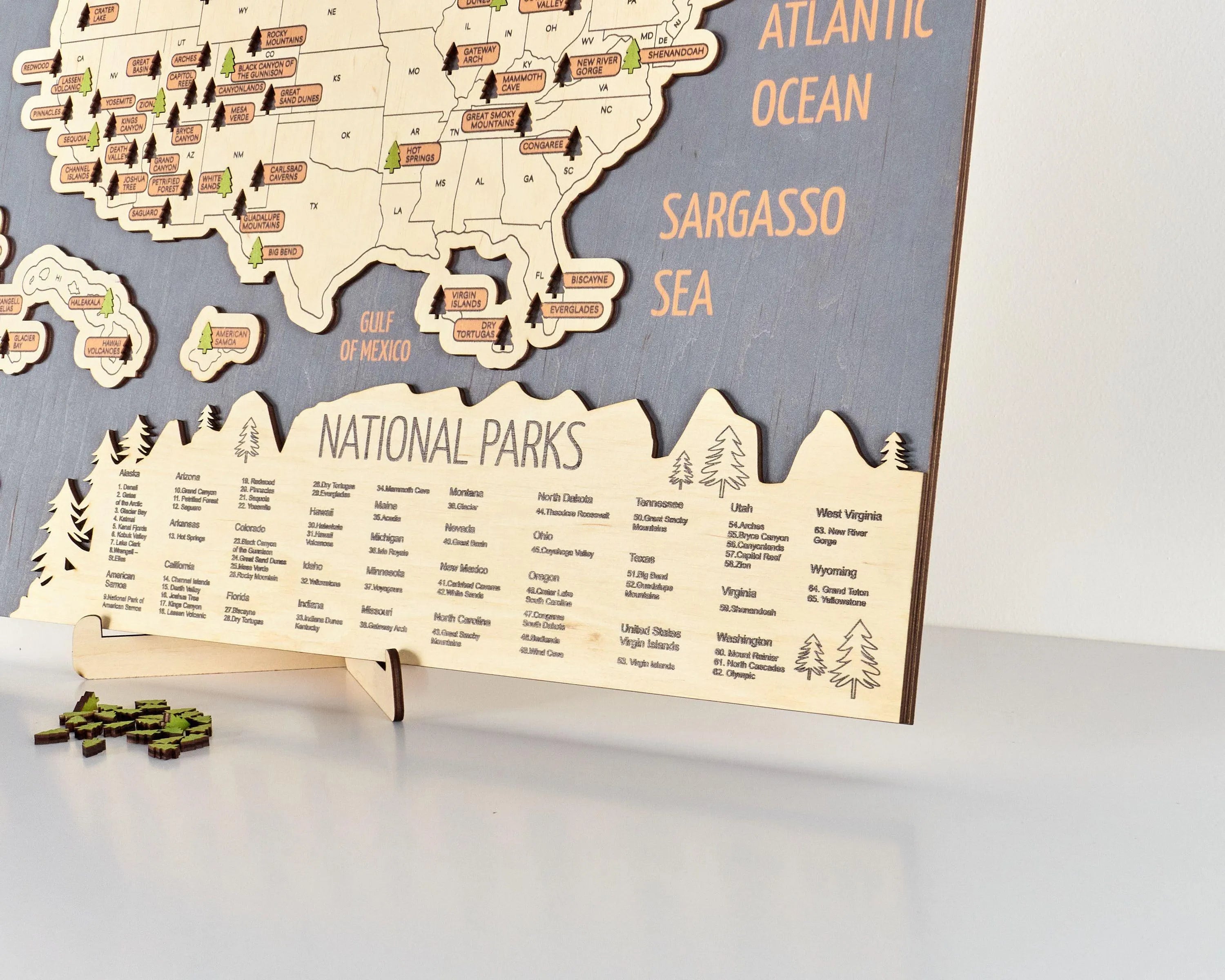 US 3D Wooden National Parks Travel Map With Trees To Record Park Visits (New Blue) - Lemap