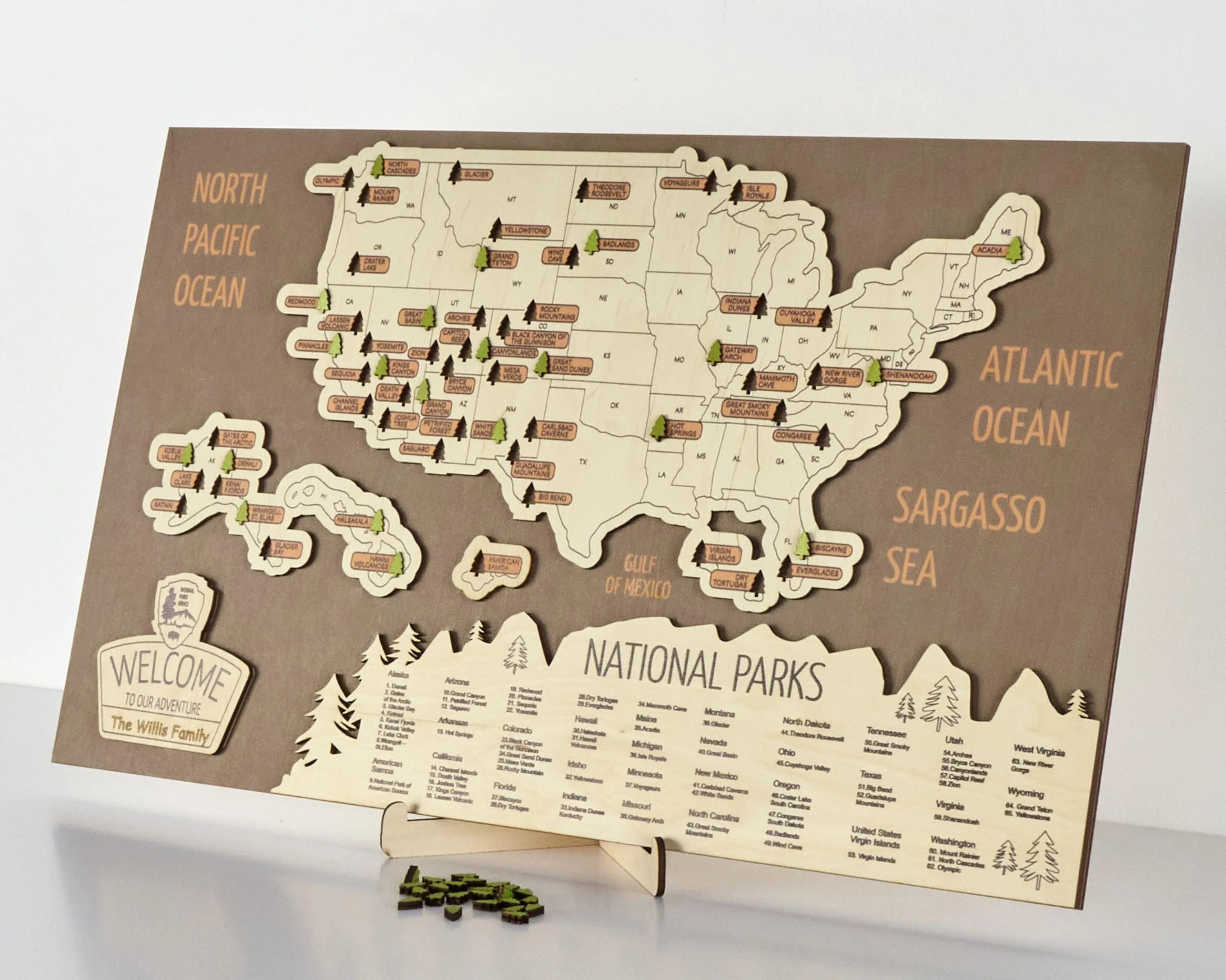 US 3D Wooden National Parks Travel Map With Trees To Record Park Visits (New Brown) - Lemap