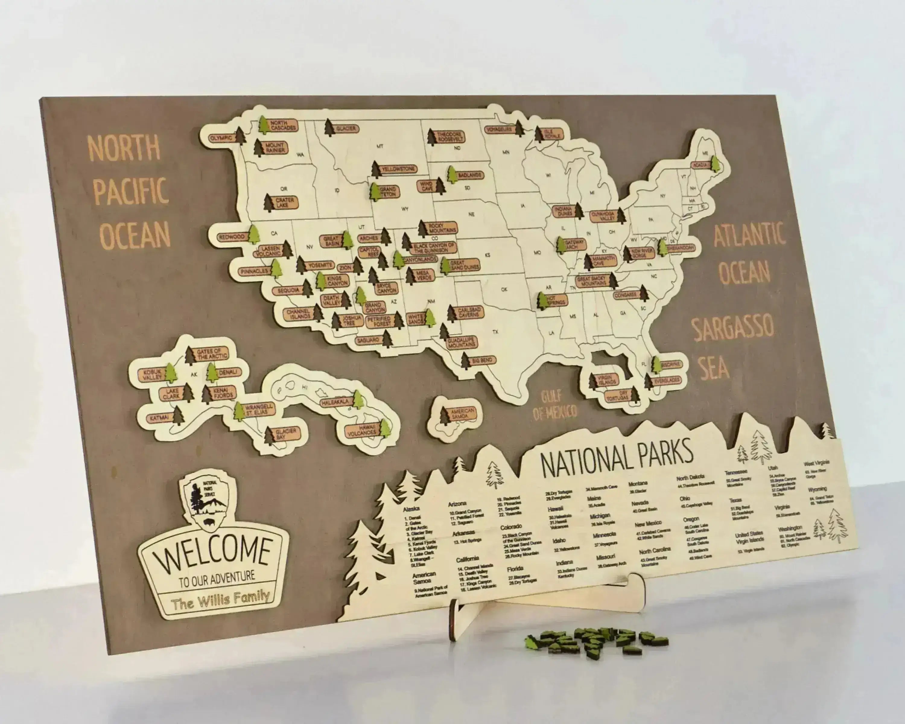 US 3D Wooden National Parks Travel Map With Trees To Record Park