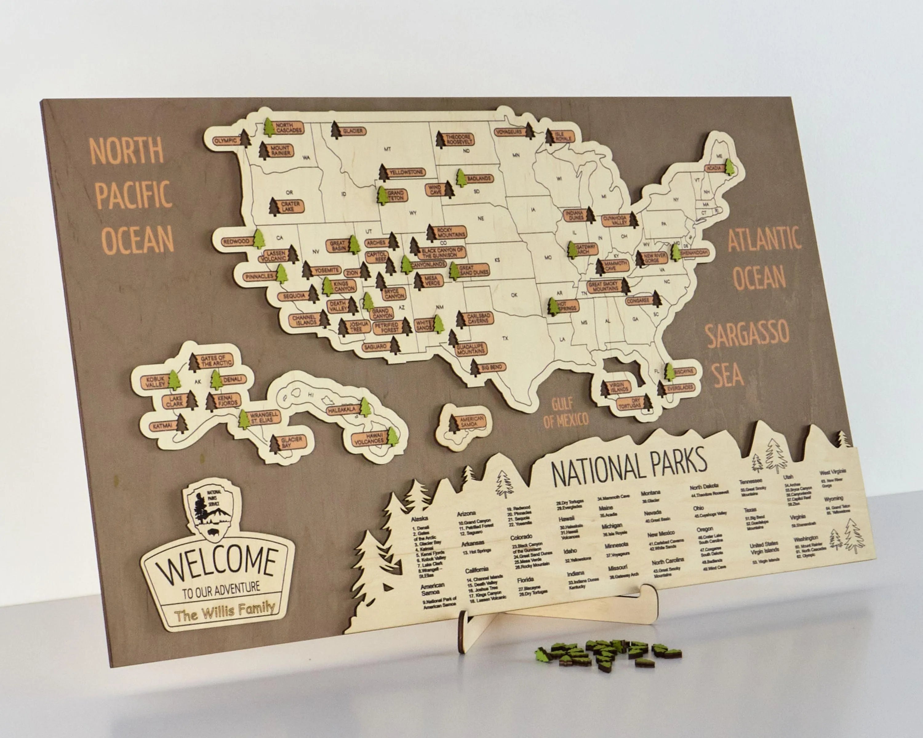 US 3D Wooden National Parks Travel Map With Trees To Record Park Visits (New Brown) - Lemap