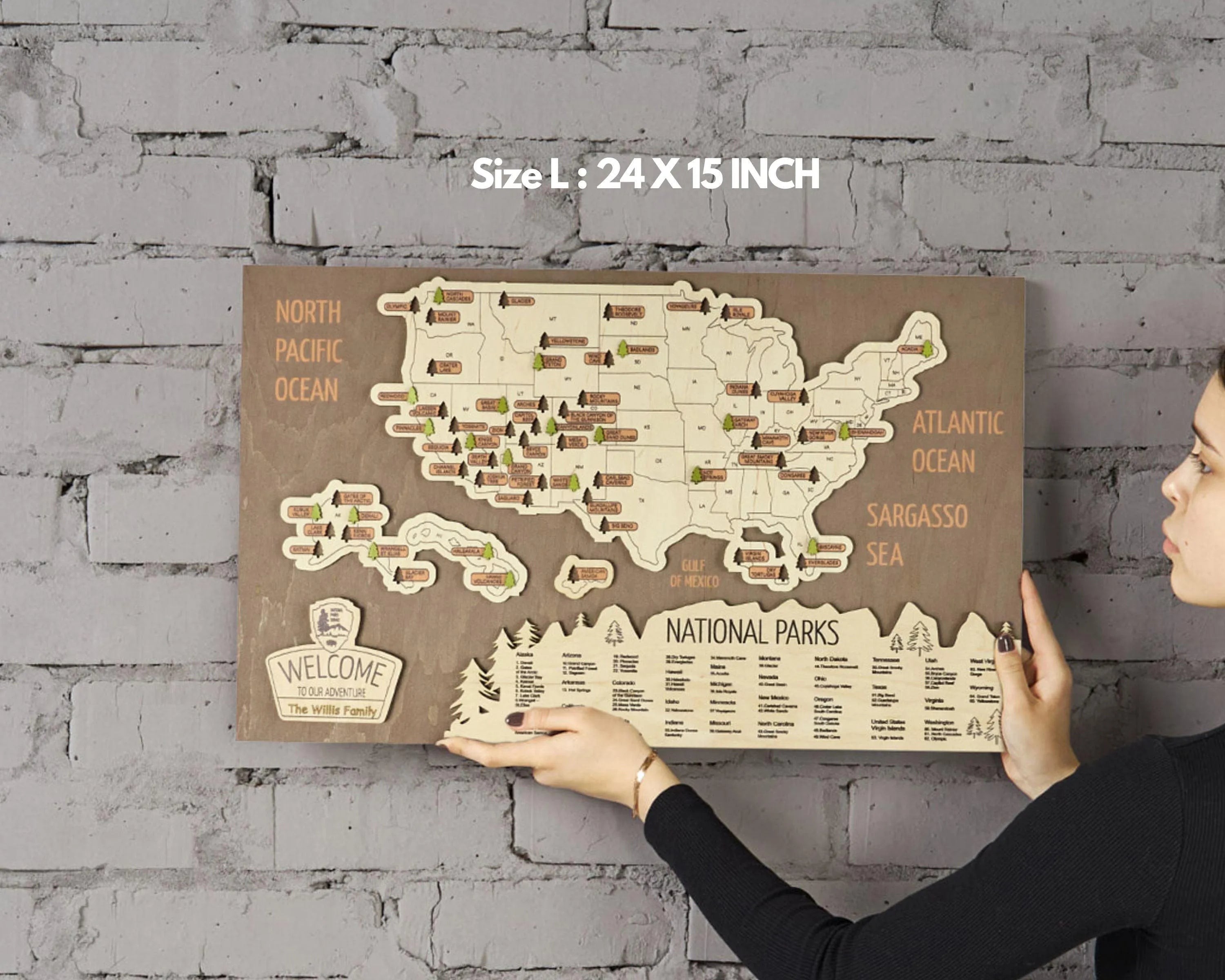 US 3D Wooden National Parks Travel Map With Trees To Record Park Visits (New Brown) - Lemap