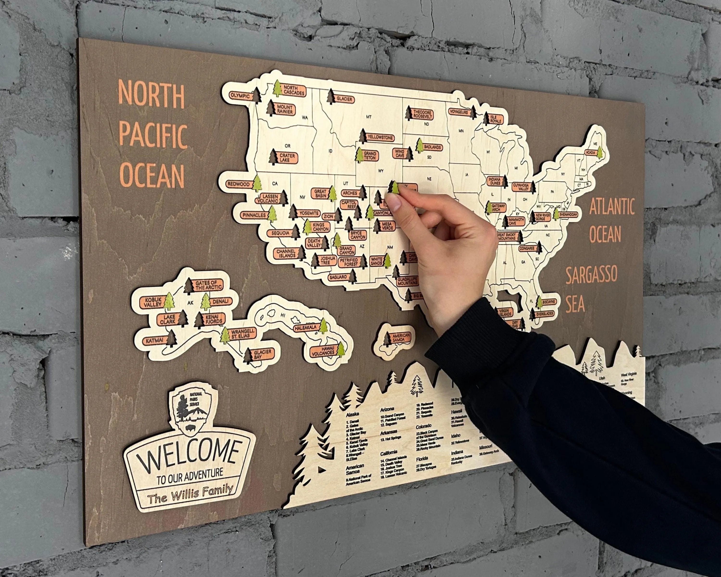 US 3D Wooden National Parks Travel Map With Trees To Record Park Visits (New Brown) - Lemap