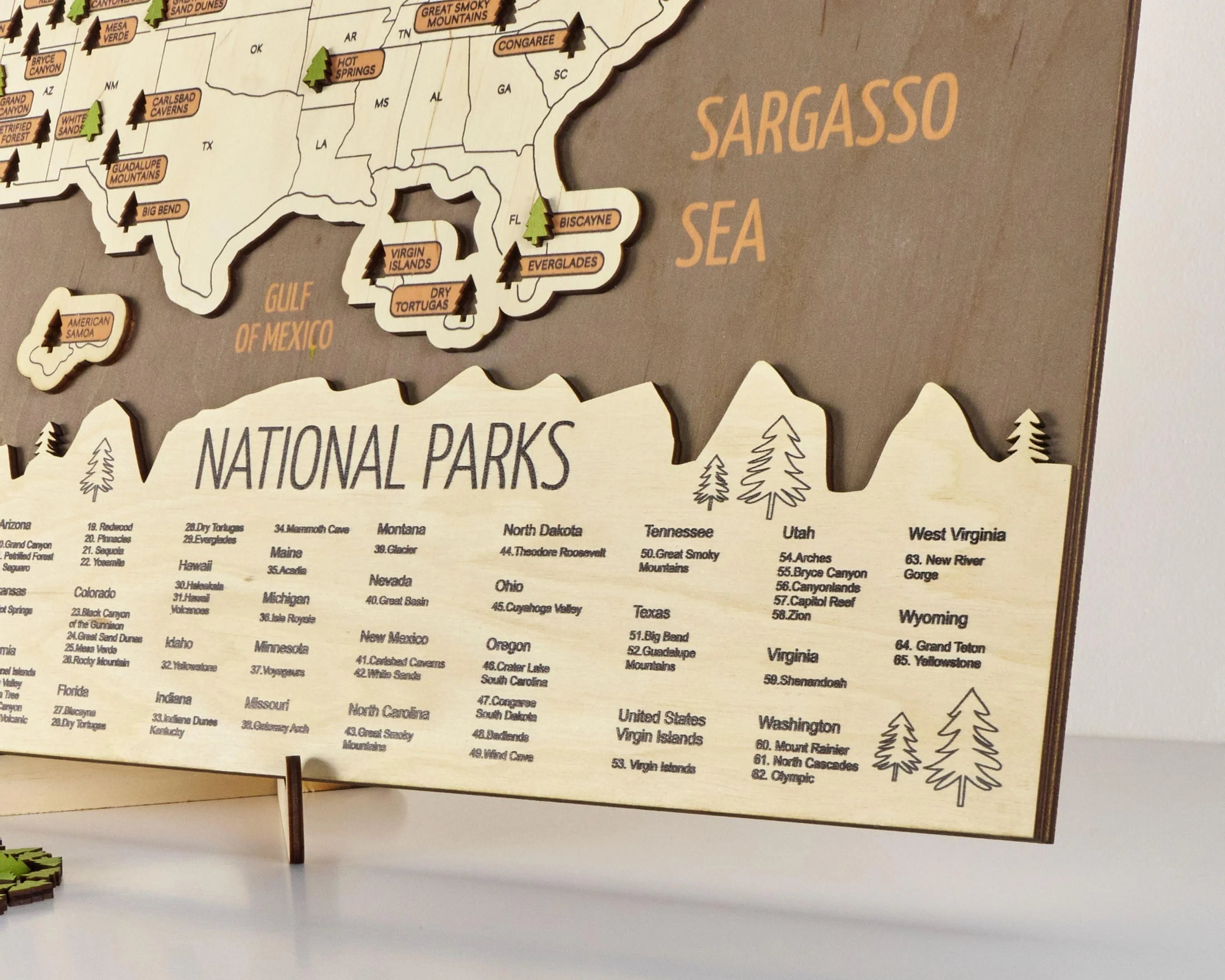 US 3D Wooden National Parks Travel Map With Trees To Record Park Visits (New Brown) - Lemap