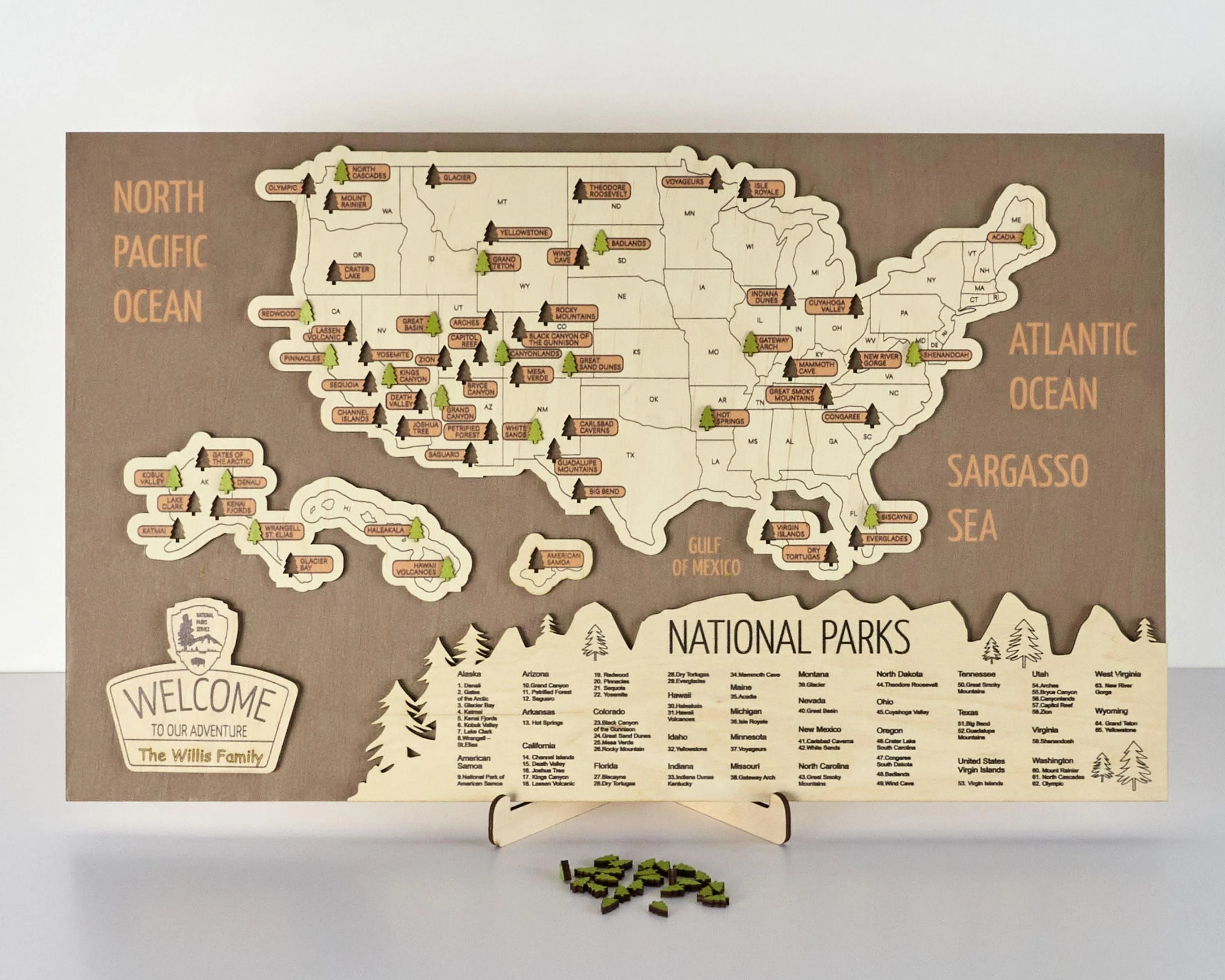 US 3D Wooden National Parks Travel Map With Trees To Record Park Visits (New Brown) - Lemap