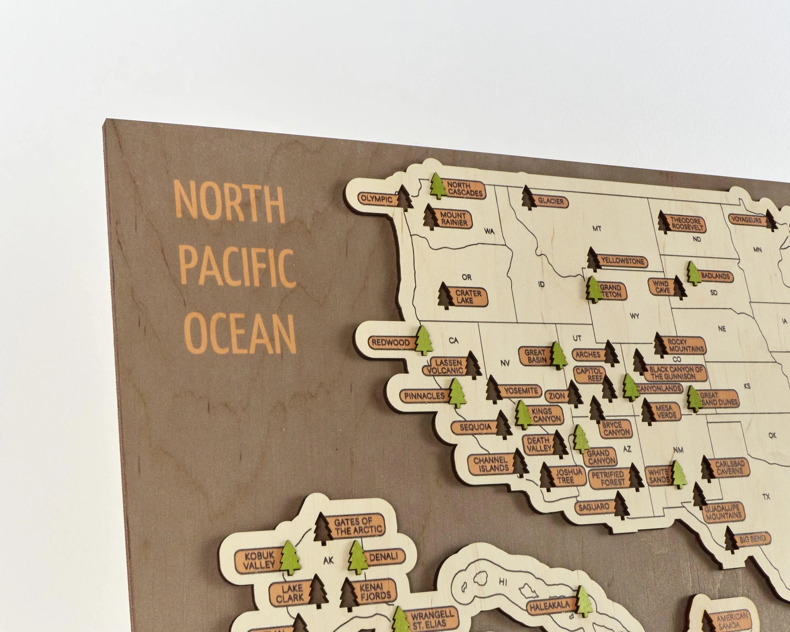 US 3D Wooden National Parks Travel Map With Trees To Record Park Visits (New Brown) - Lemap