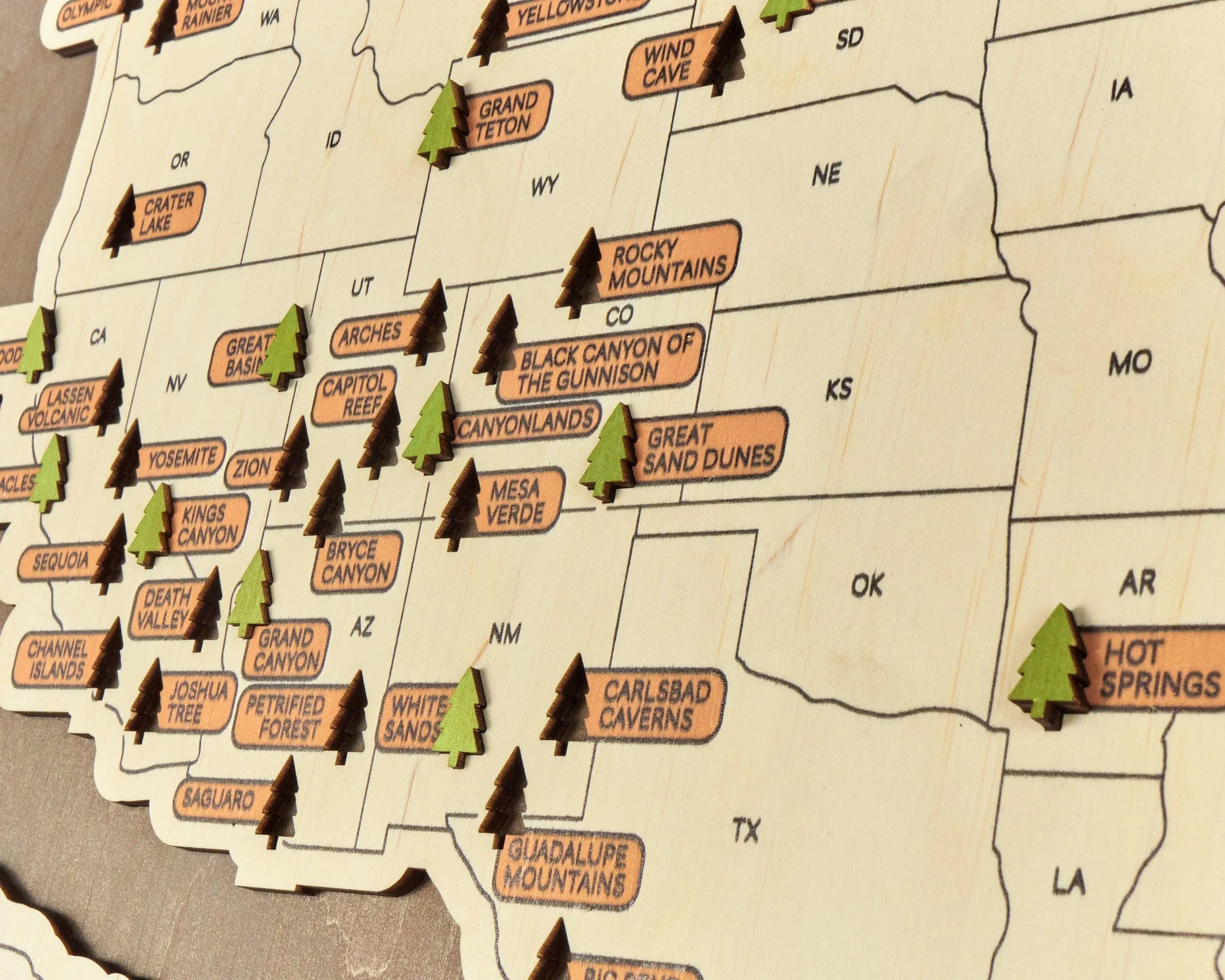 US 3D Wooden National Parks Travel Map With Trees To Record Park Visits (New Brown) - Lemap