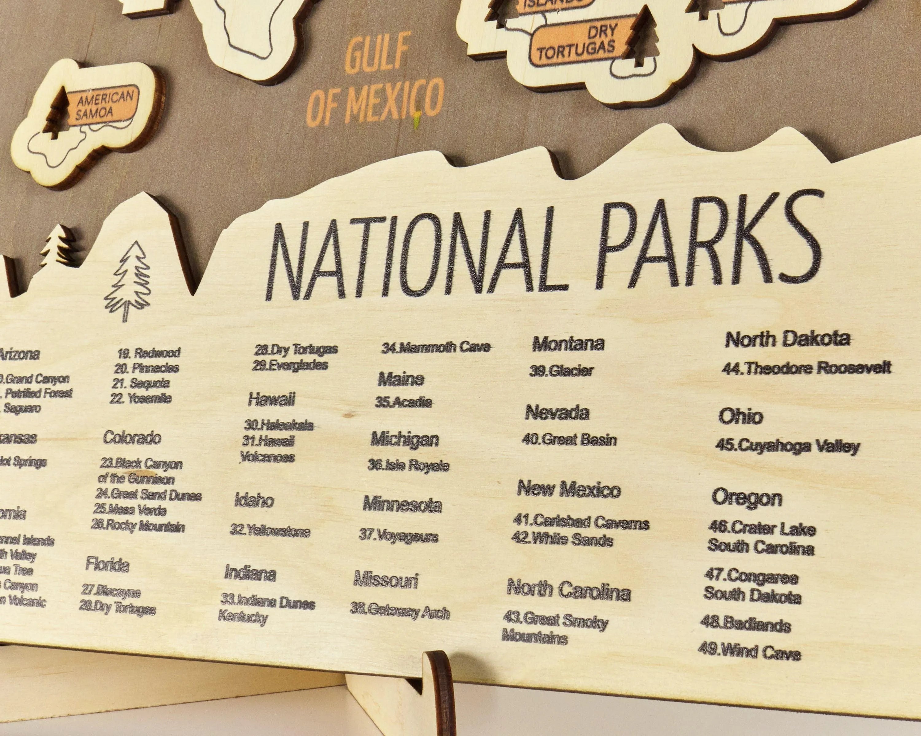 US 3D Wooden National Parks Travel Map With Trees To Record Park Visits (New Brown) - Lemap