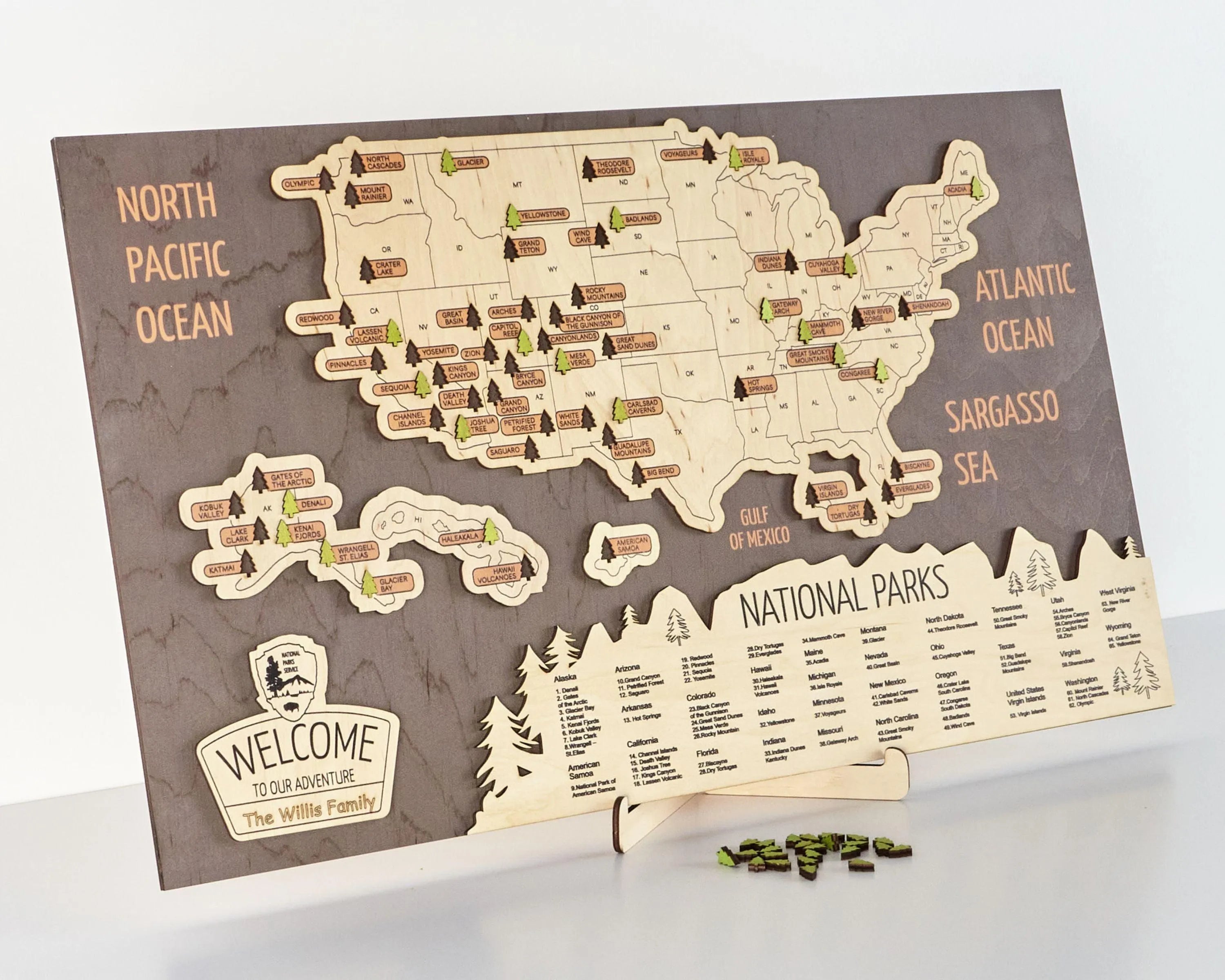 US 3D Wooden National Parks Travel Map With Trees To Record Park Visits (New Coffee) - Lemap