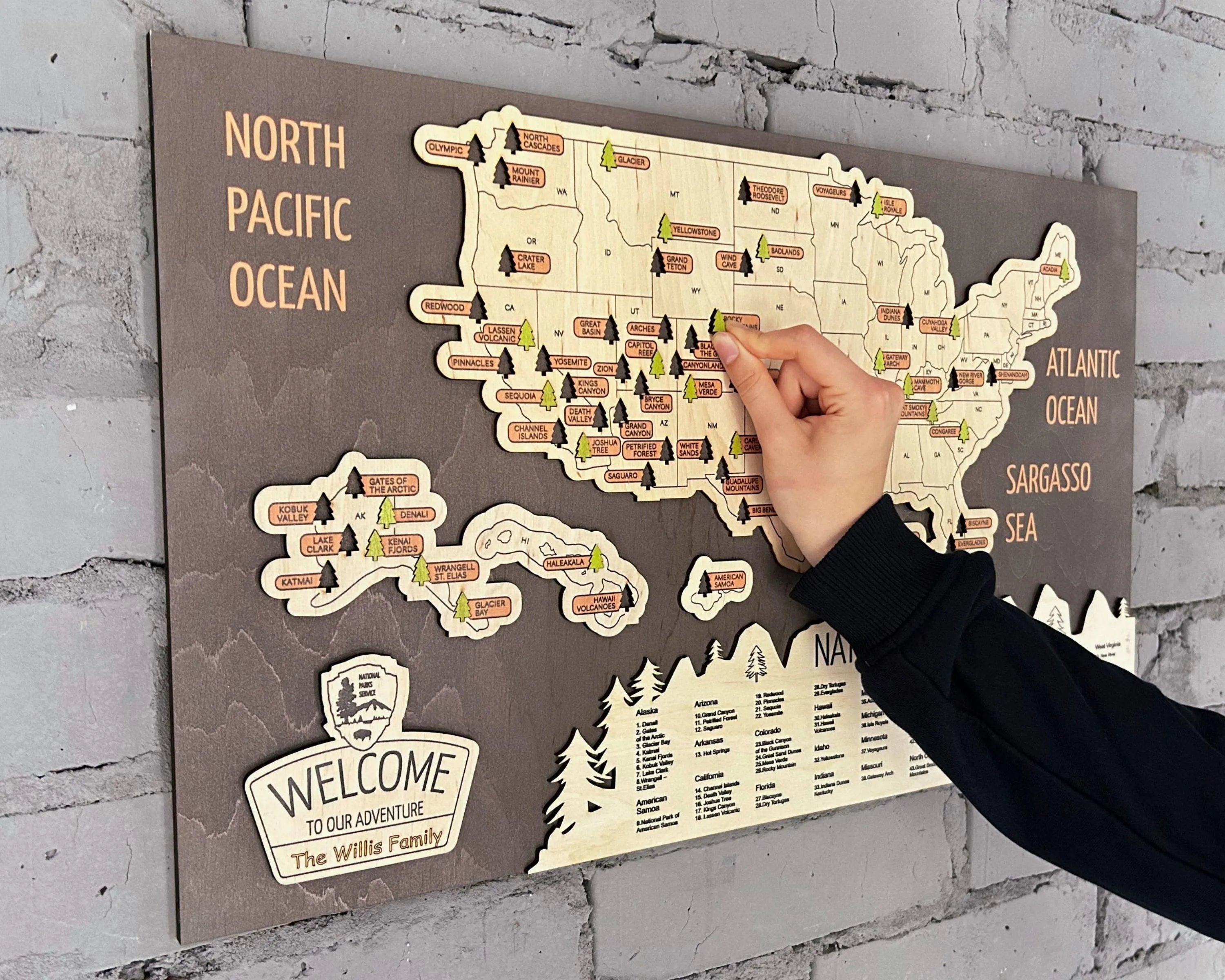 US 3D Wooden National Parks Travel Map With Trees To Record Park Visits (New Coffee) - Lemap